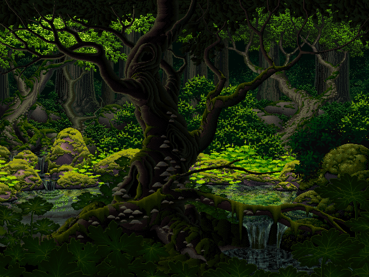 Pixel Art Water Moss Nature Forest Sunlight Shade Plants Rainforest 1280x960