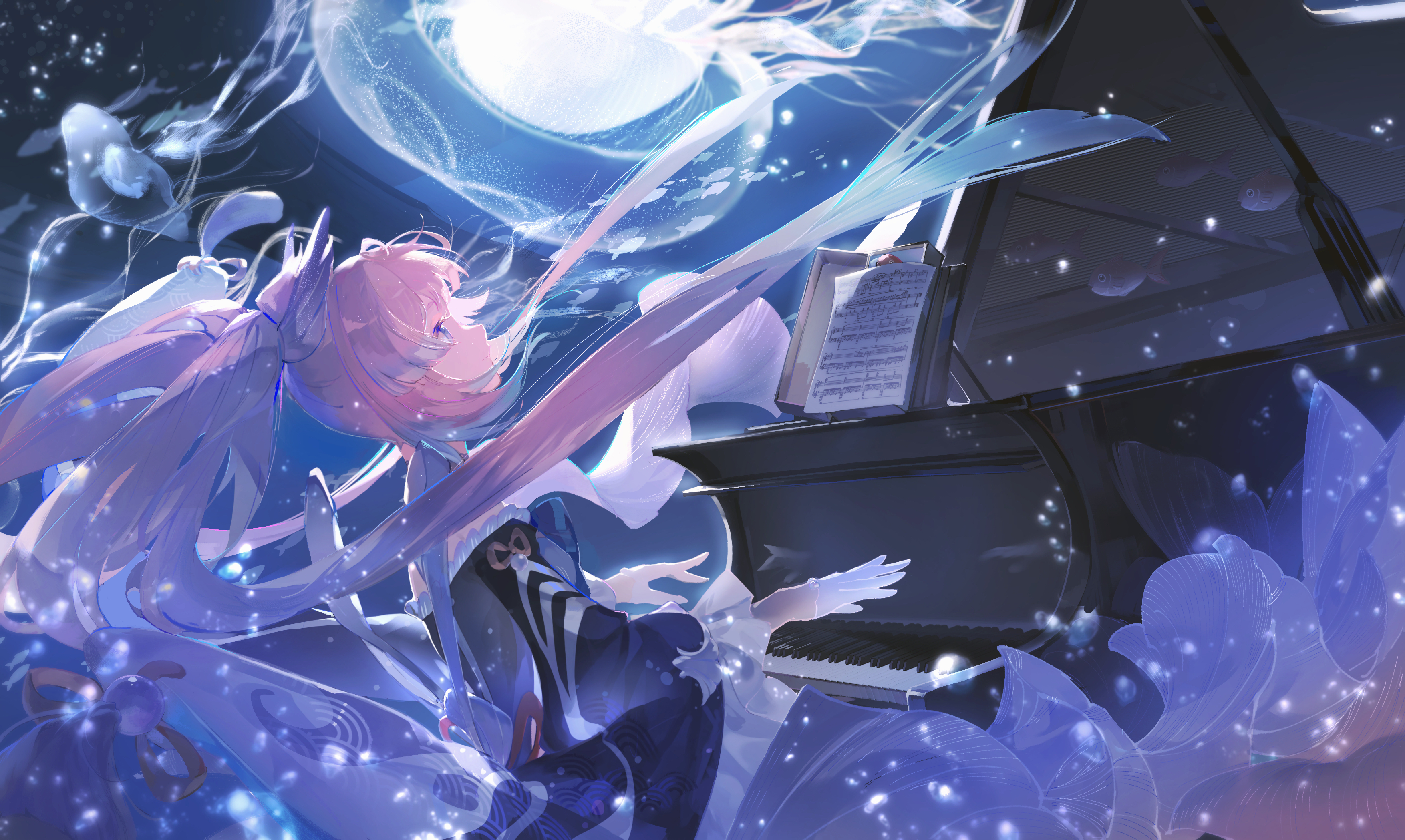Anime Anime Girls Ponytail Purple Eyes Pink Hair Piano Underwater Sangonomiya Kokomi Genshin Impact  3508x2098