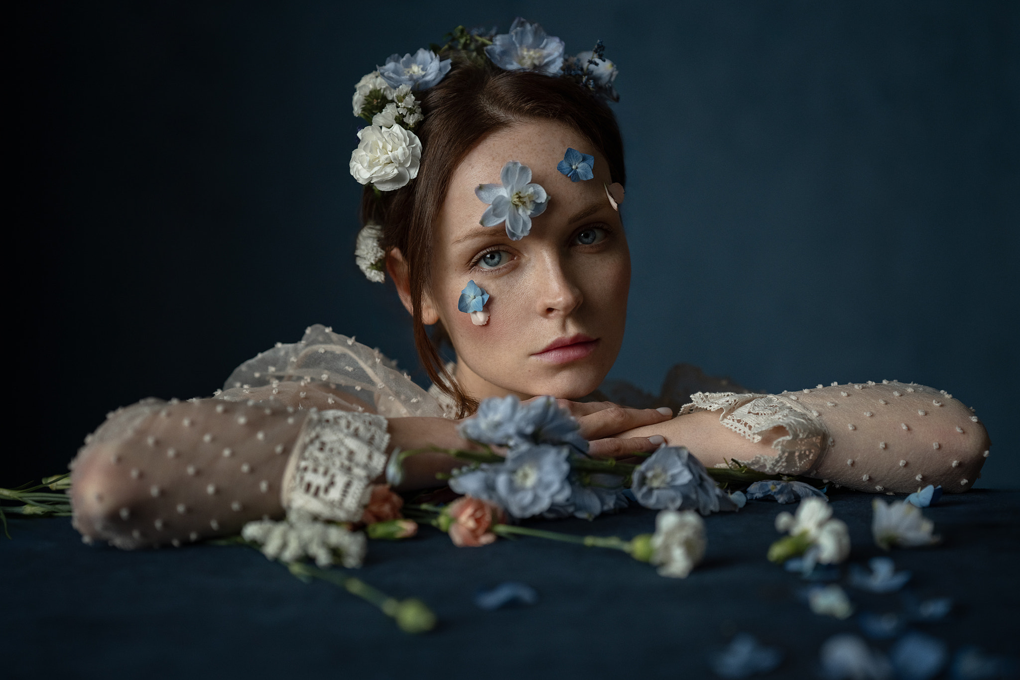 Aleksandr Kurennoi Women Portrait Flowers Glamour Blushing Simple Background Model Brunette Studio 2048x1366