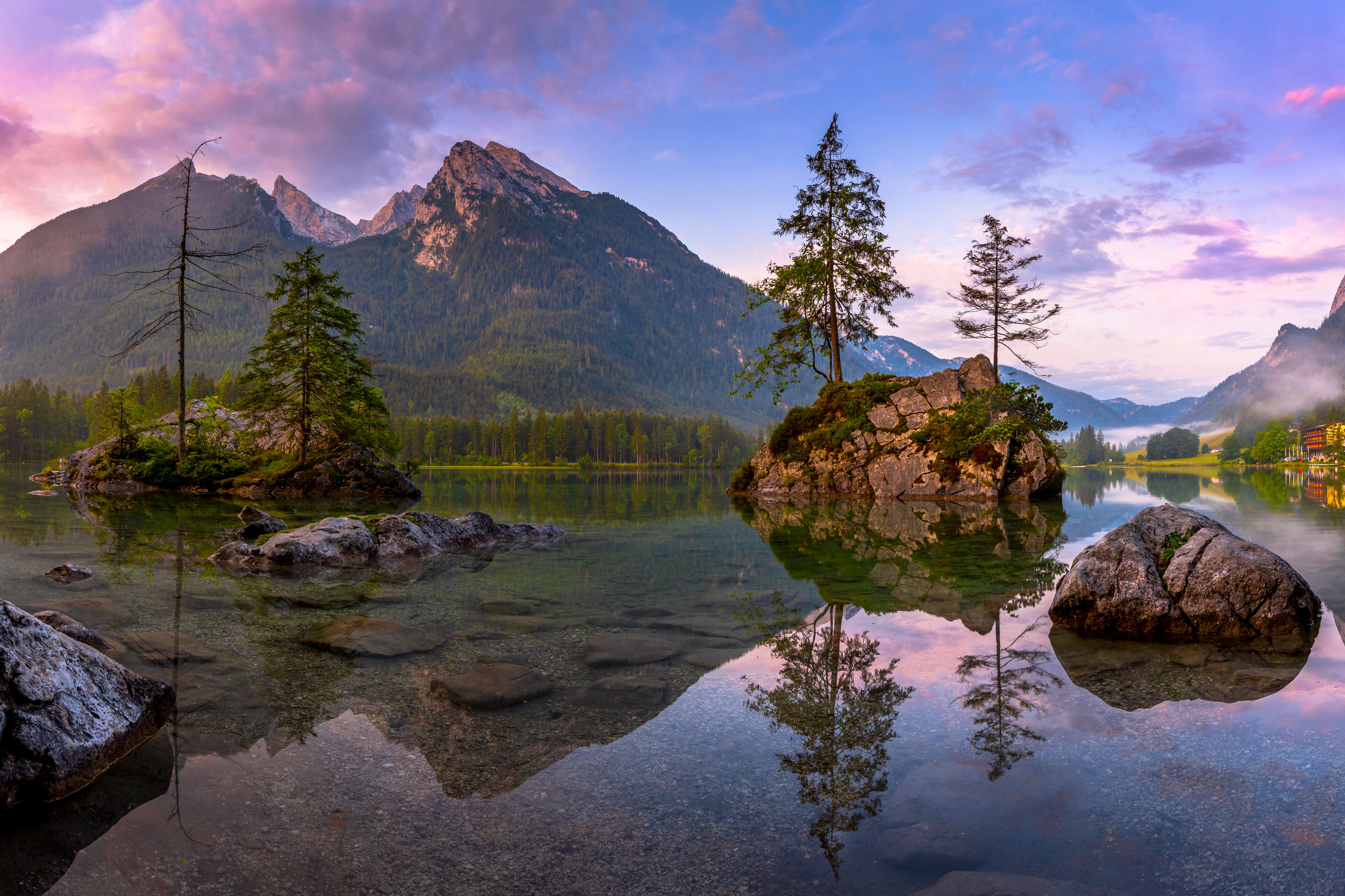 Nature Landscape Mountains Rocks House Reflection Sky Clouds Trees Mist Sunrise Hintersee Germany Ti 6000x3998