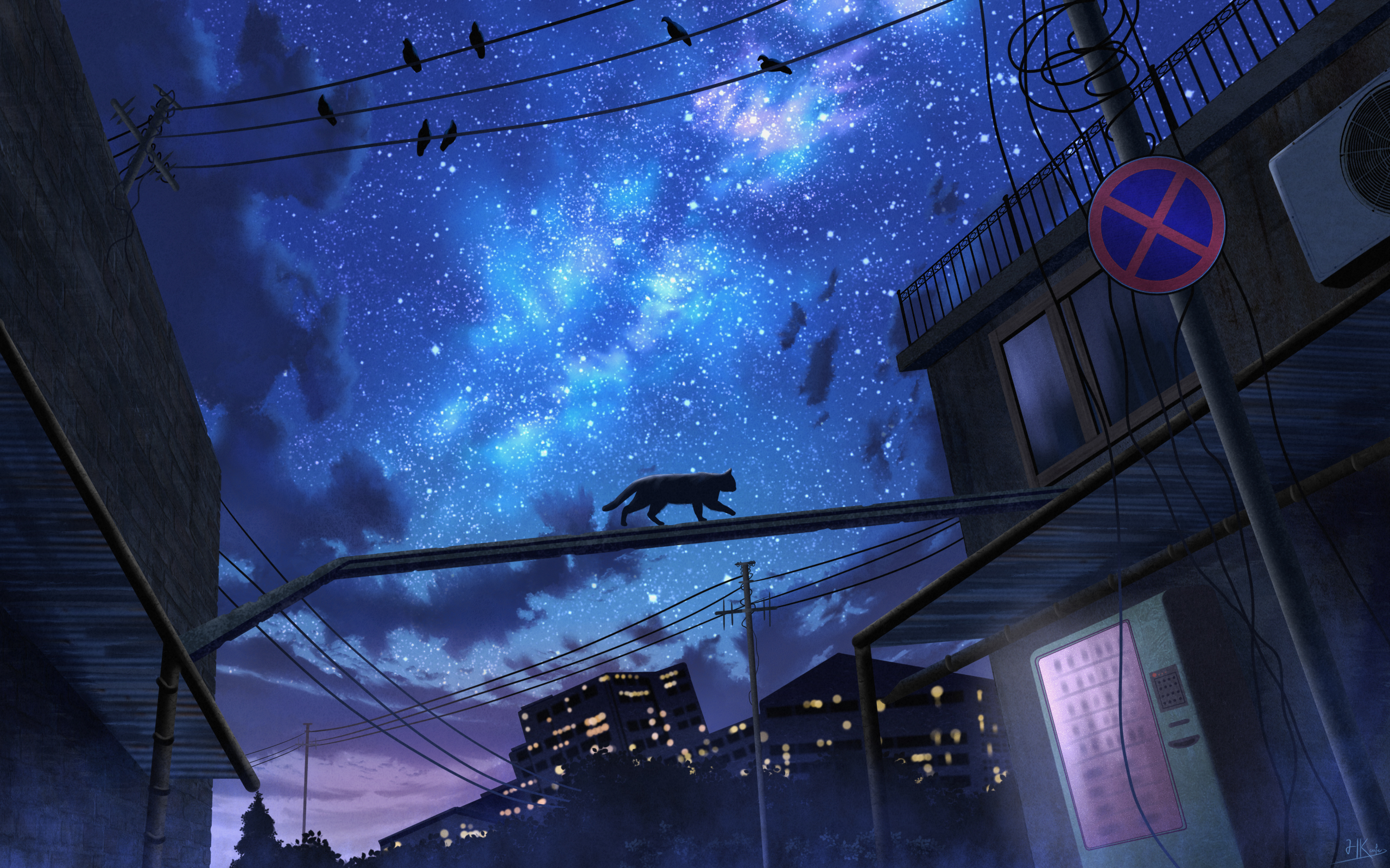 HKcutie Digital Art Artwork Illustration Night Nightscape Stars Sky Animals Cats Birds Road Sign Sig 2560x1600
