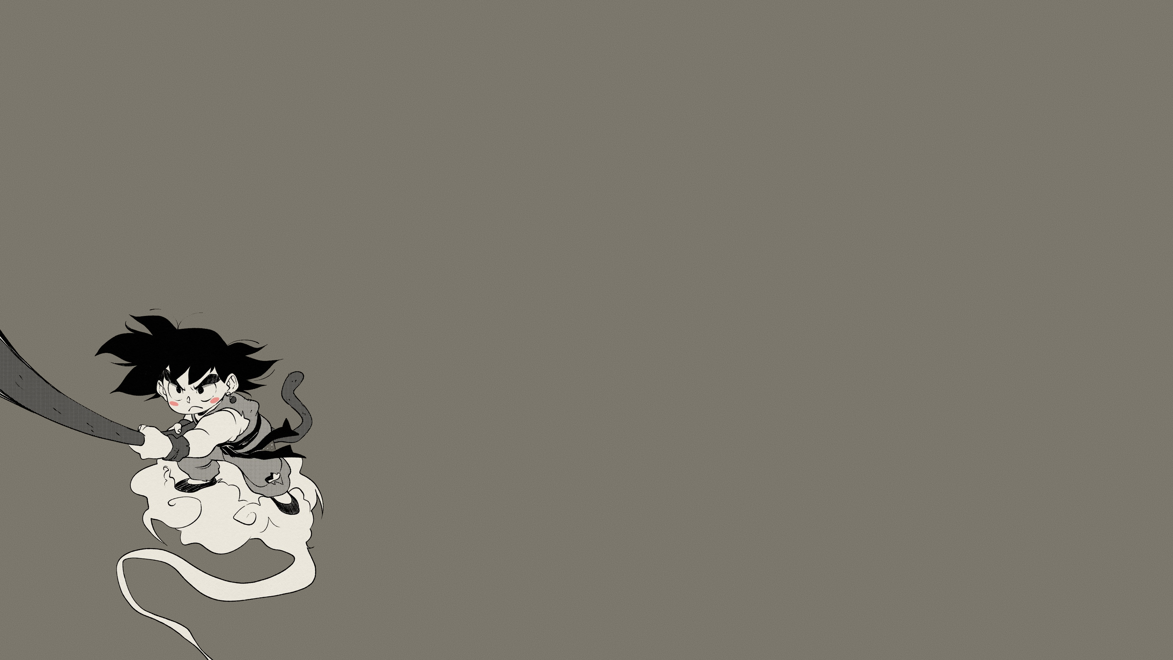 Son Goku Clouds Flying Staff Black Hair Dark Hair Tail Saiyan Dragon Ball Minimalism Monochrome Gray 3840x2160