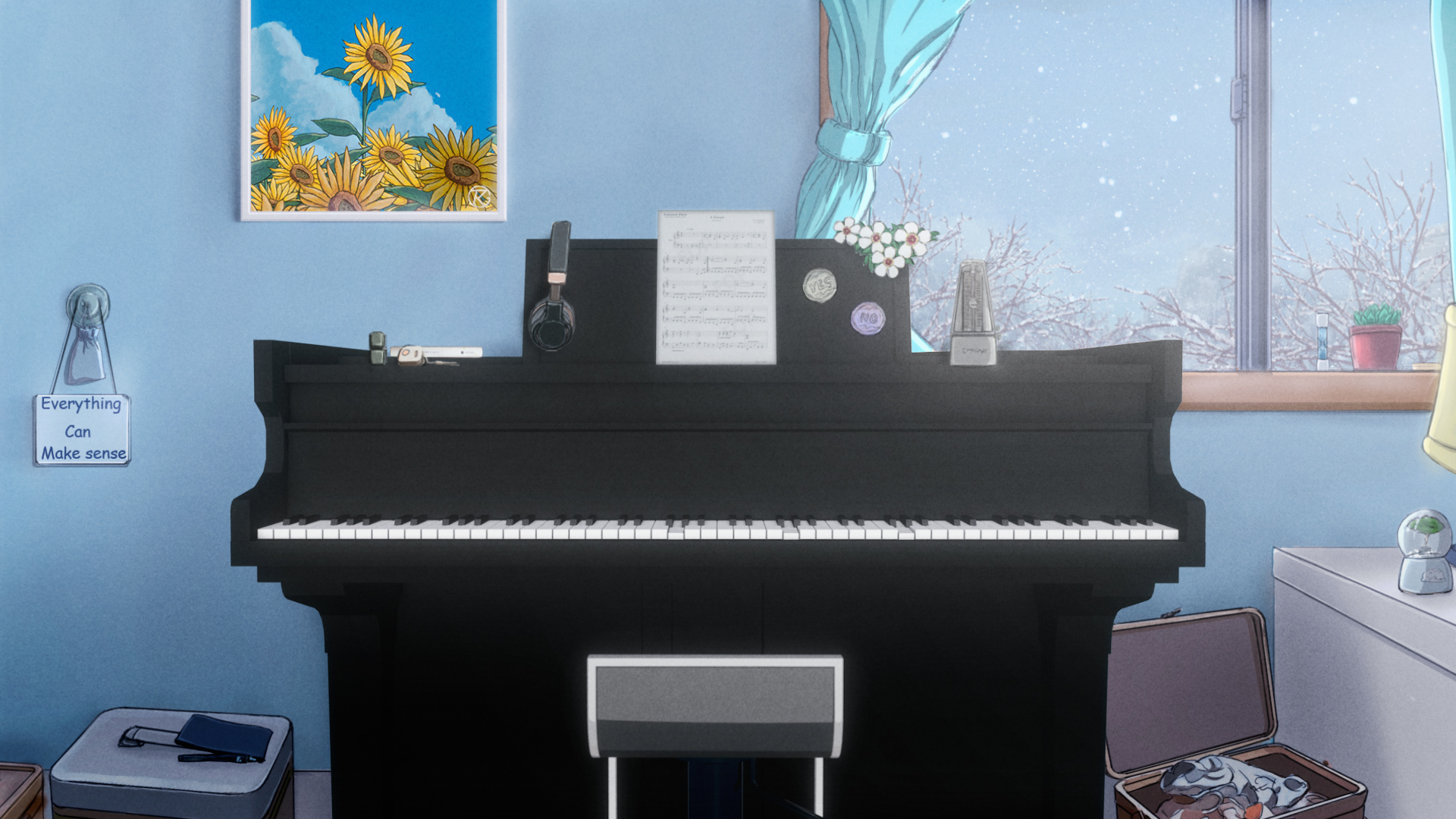 Digital Art Anime Winter Snow Room Living Rooms Piano Sunflowers Picture In Picture Wardrobe 1920x1080
