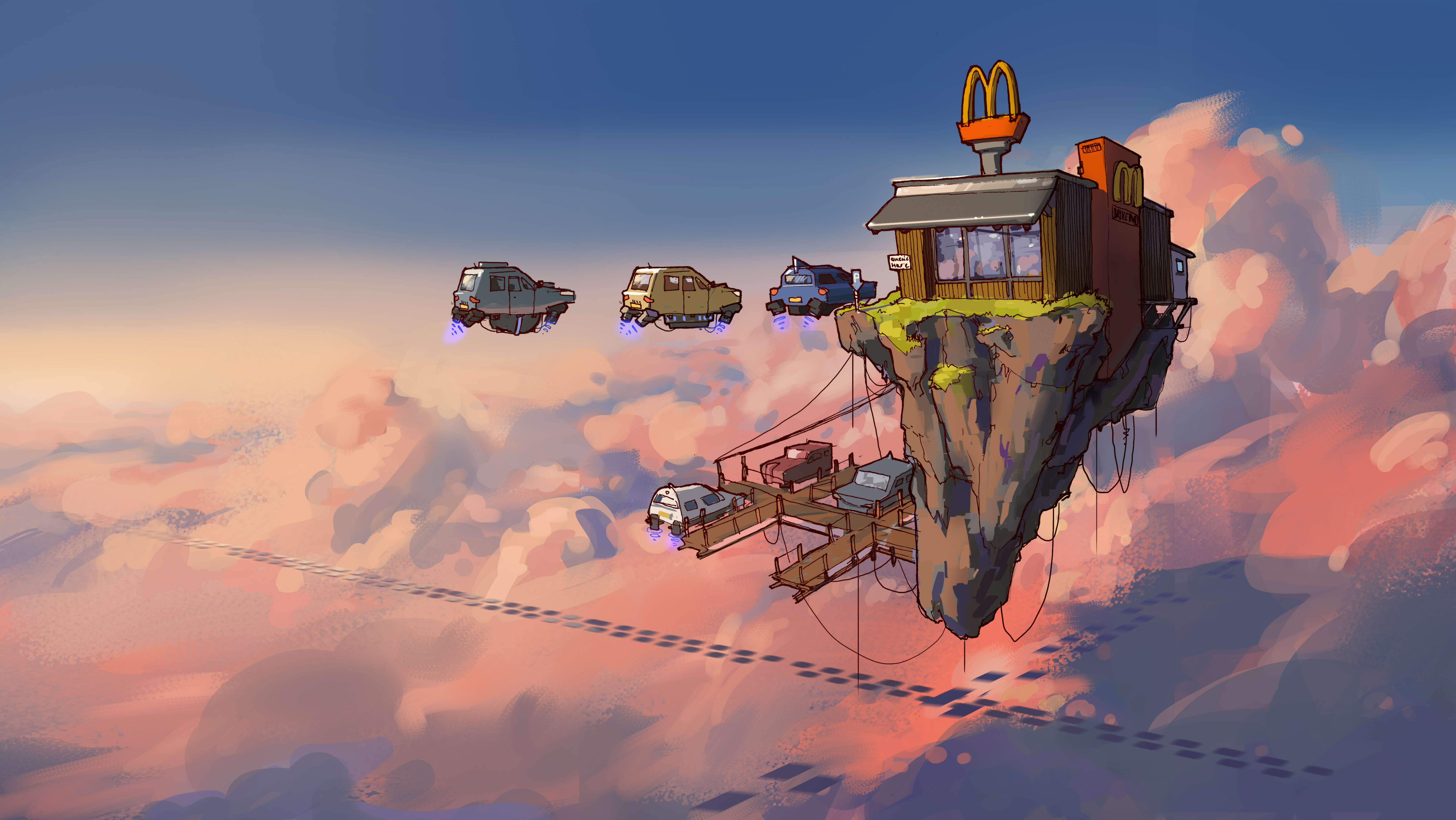 McDonalds Illustration Digital Art Archie Chrisanthou Clouds Floating Island 6225x3504