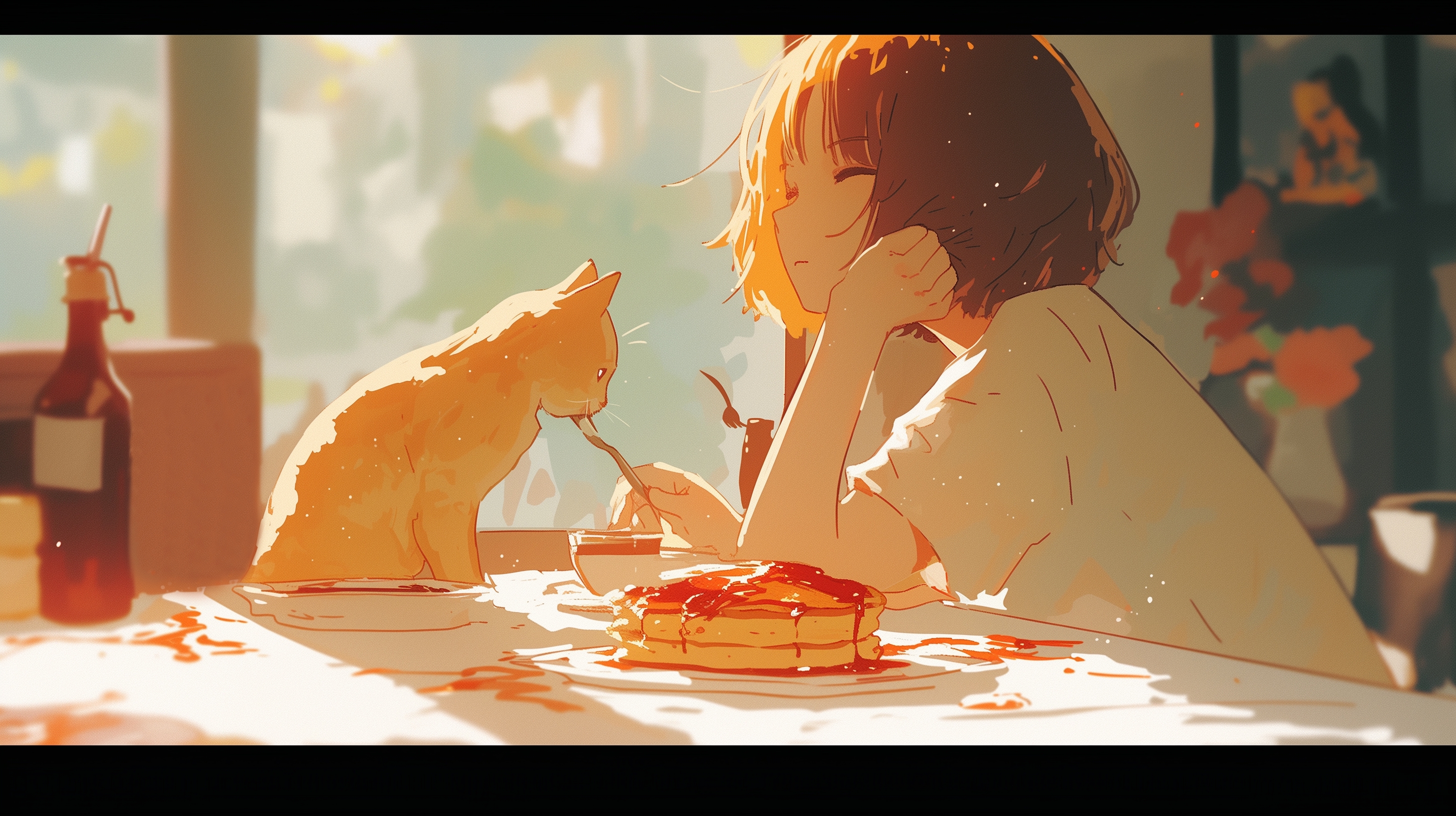Anime Anime Girls Pancakes Cats Sunset Short Hair Closed Eyes Table 2912x1632