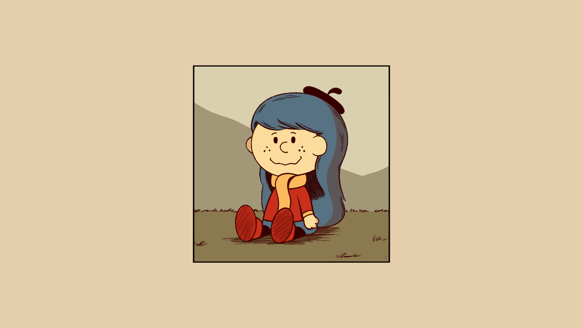 Cartoon Cartoon Girls Hilda Blue Hair Berets Scarf Shoes Red Shoes Smiling Sitting Grass Simple Back 1920x1080