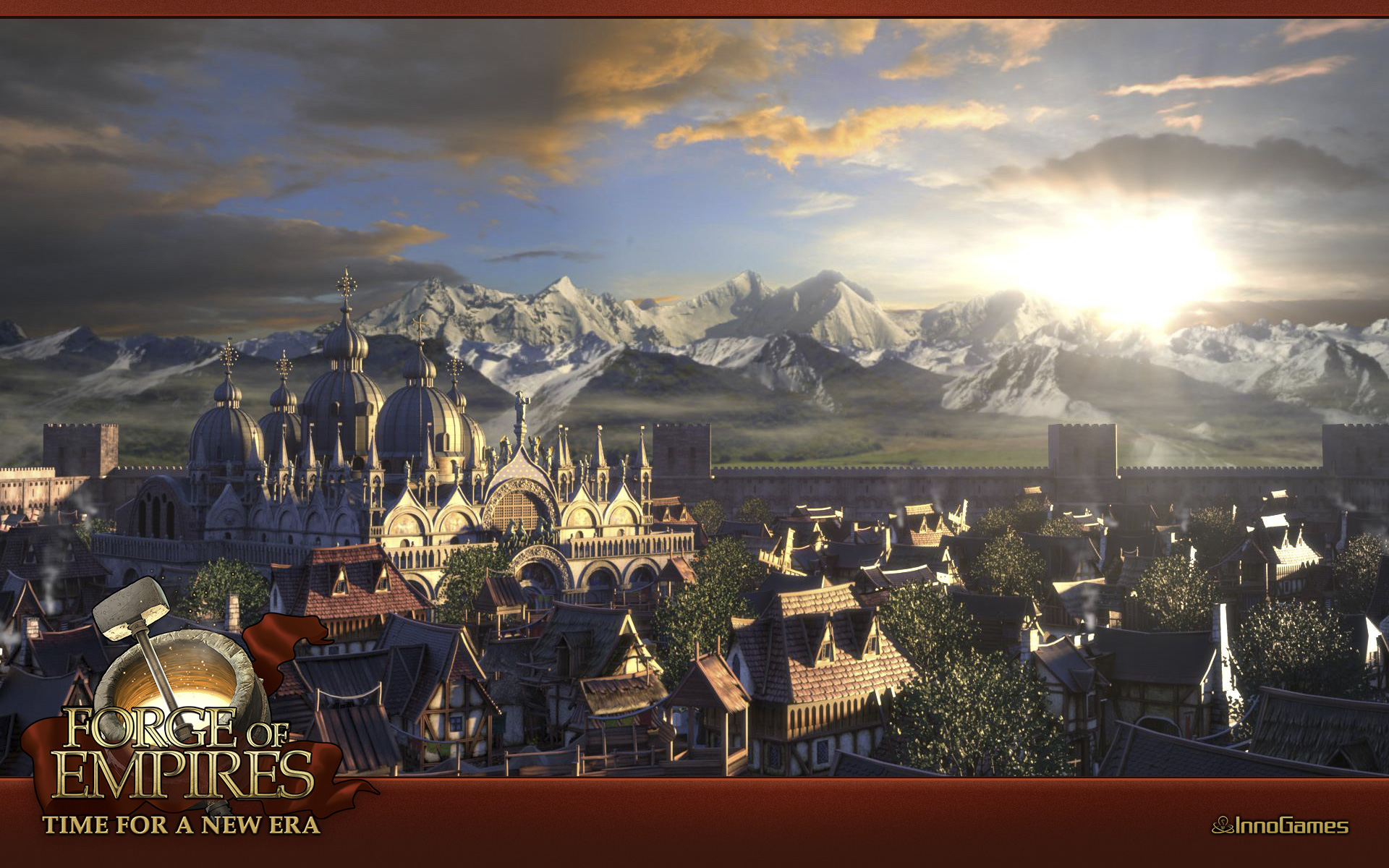 Video Games Online Games Forge Of Empires Cityscape Cathedral House Sun Mountains Clouds Sun Rays 1920x1200