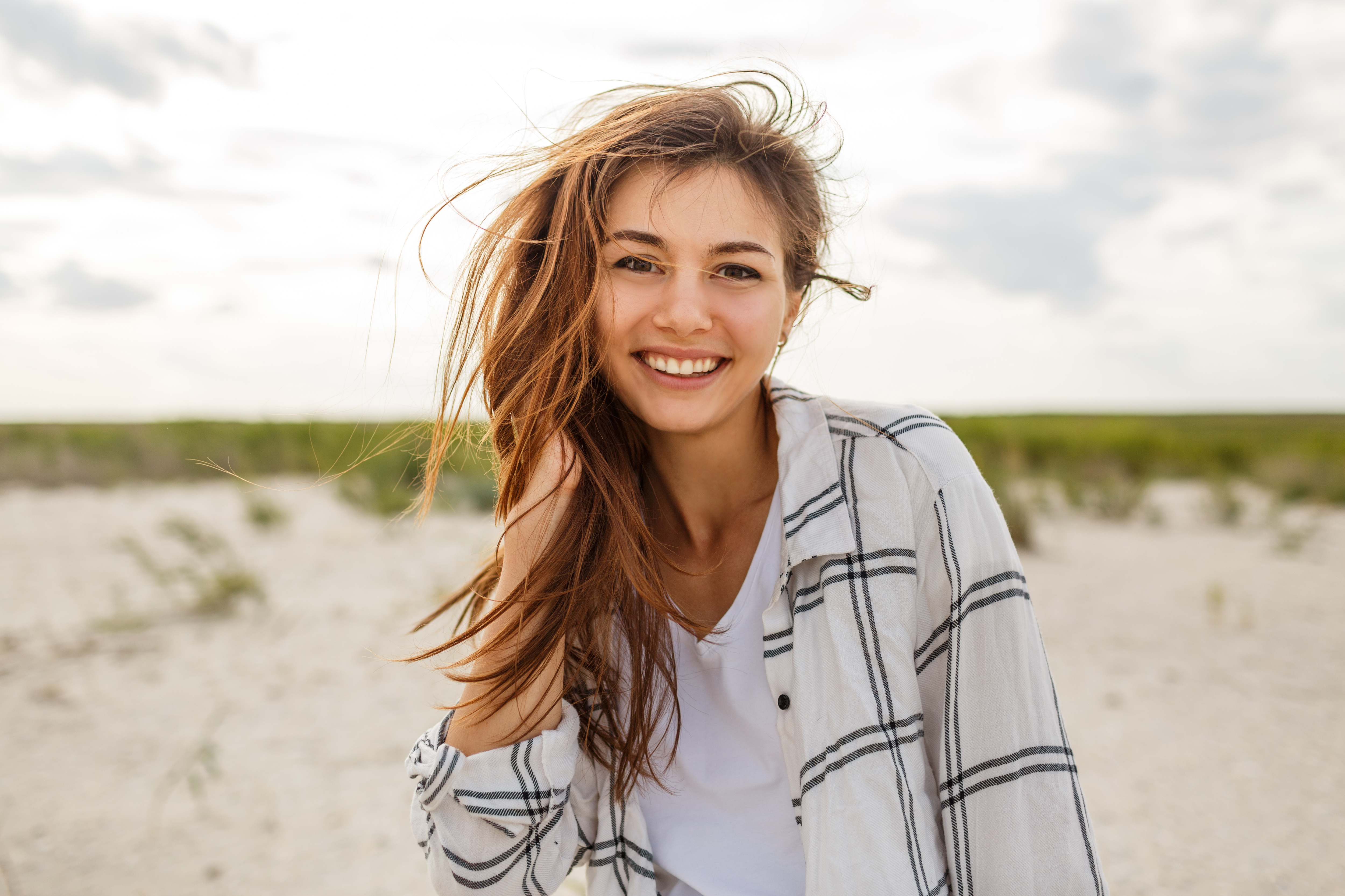Svetlana Sokolova Outdoors Redhead Beach Landscape Hands In Hair Women Model Smiling Portrait Women  5000x3333