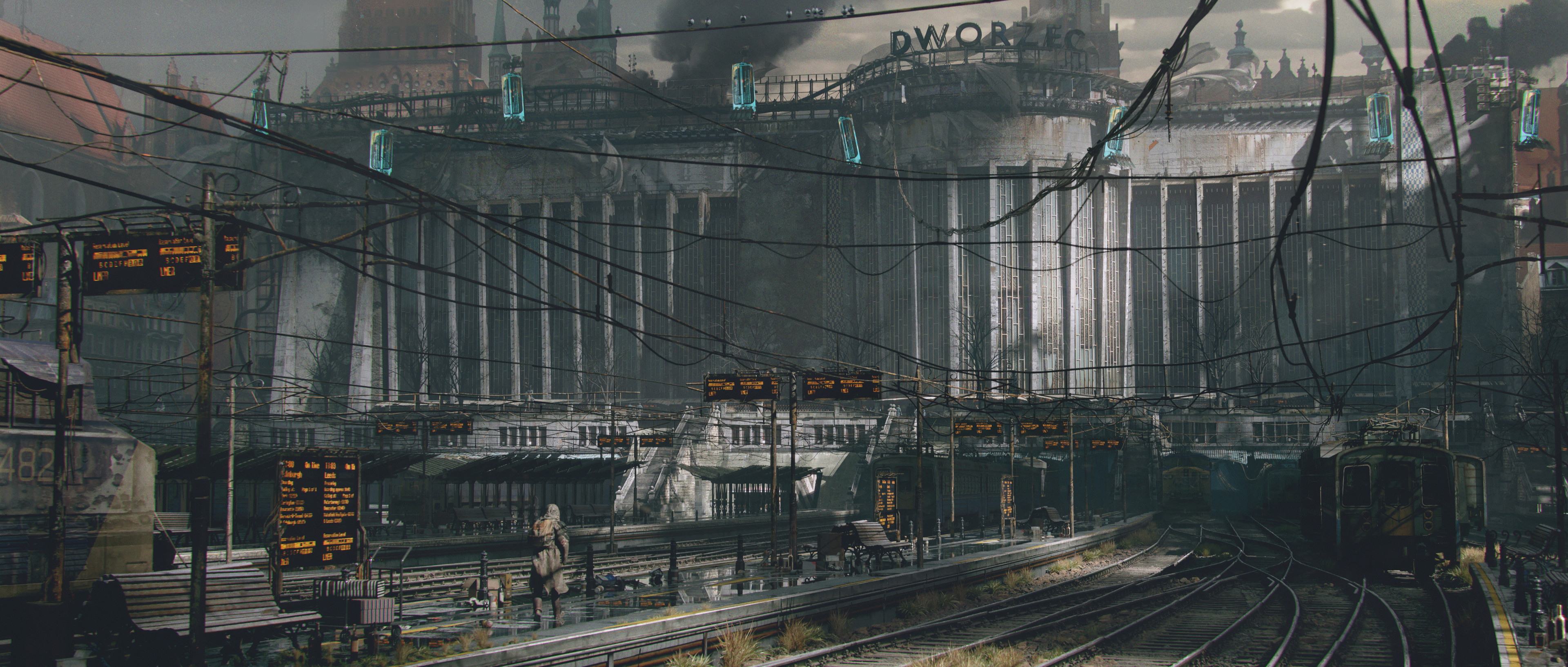 Artwork Digital Art Concept Art Railway Train Station Destruction Smoke Rail Piotr Krynski ArtStatio 3840x1634