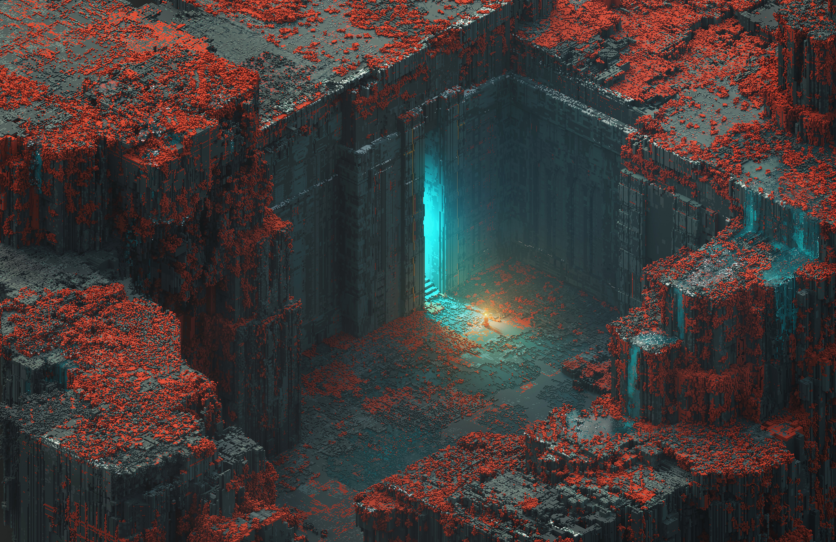 Mari Voxels Digital Art Isometric MagicaVoxel Architectural Concept Temple Ruins Madmaraca 2700x1749