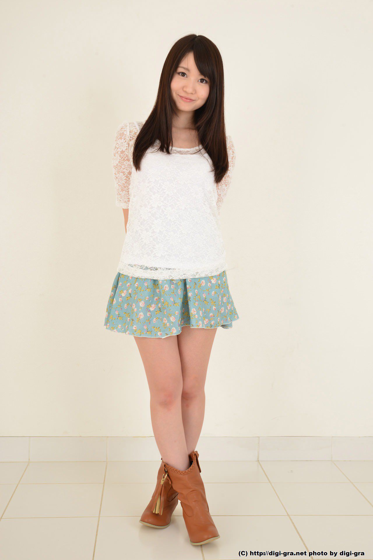 Japanese Long Hair White Blouse FLOWERED SKiRT Boots Looking At Viewer Standing Smiling Simple Backg 1280x1920