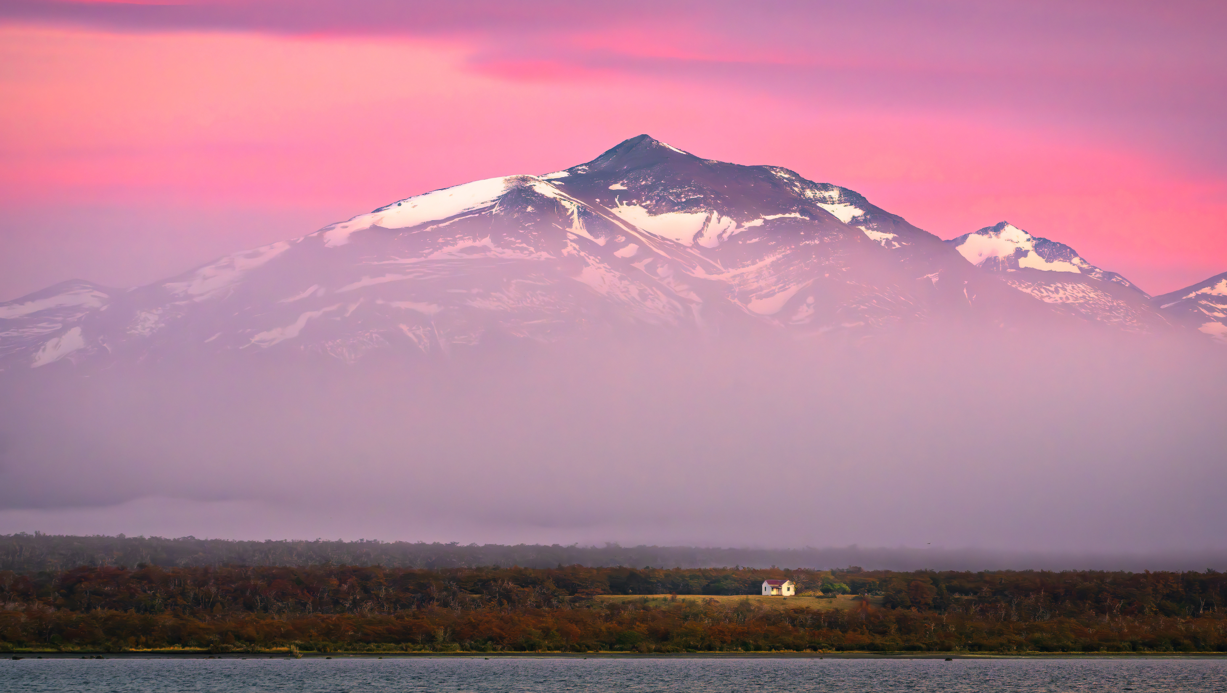 Nature Landscape Trees Sky Mountains House River Pink Clouds Mist Far View Snowy Peak Patagonia Chil 4000x2260