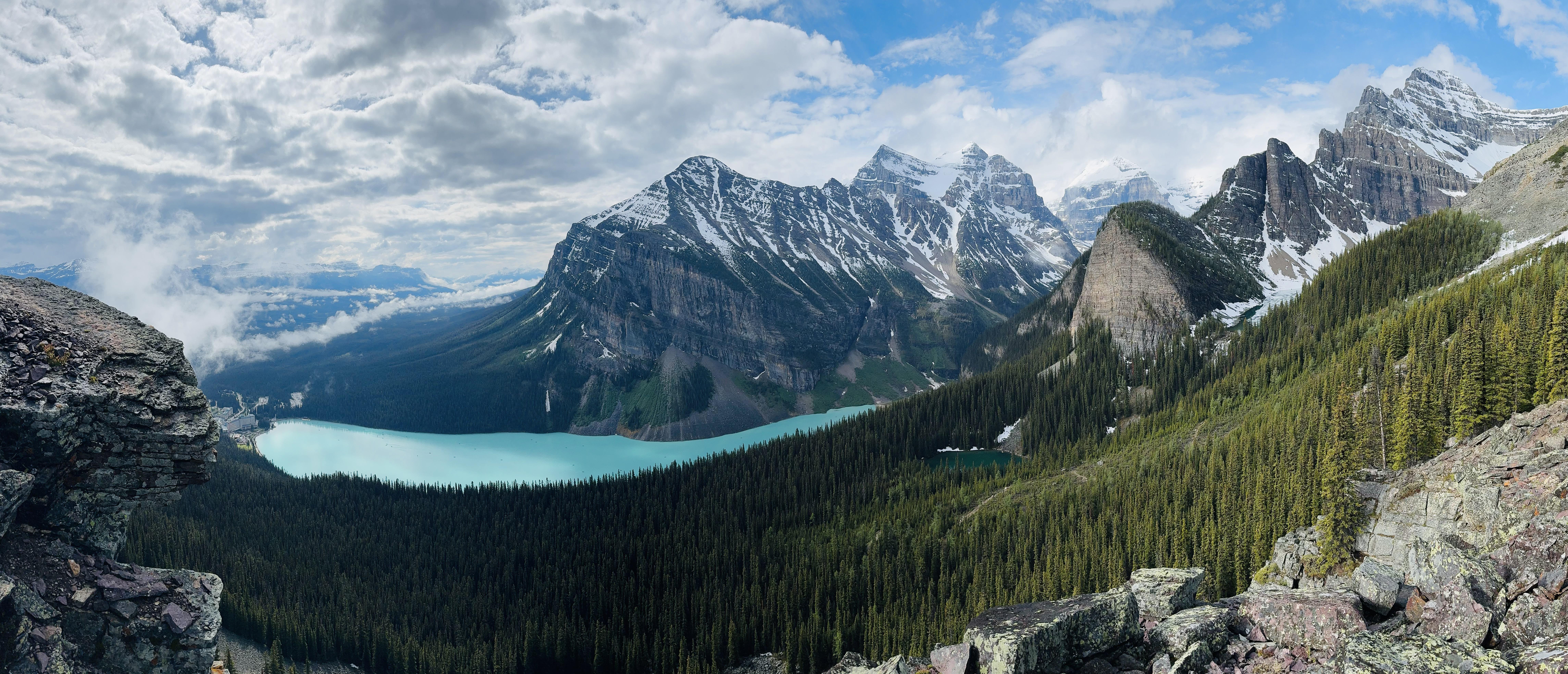 Landscape Nature Lake Forest Rocks Cliff Snow Clouds Mountains Canada Alberta North America 9156x3934