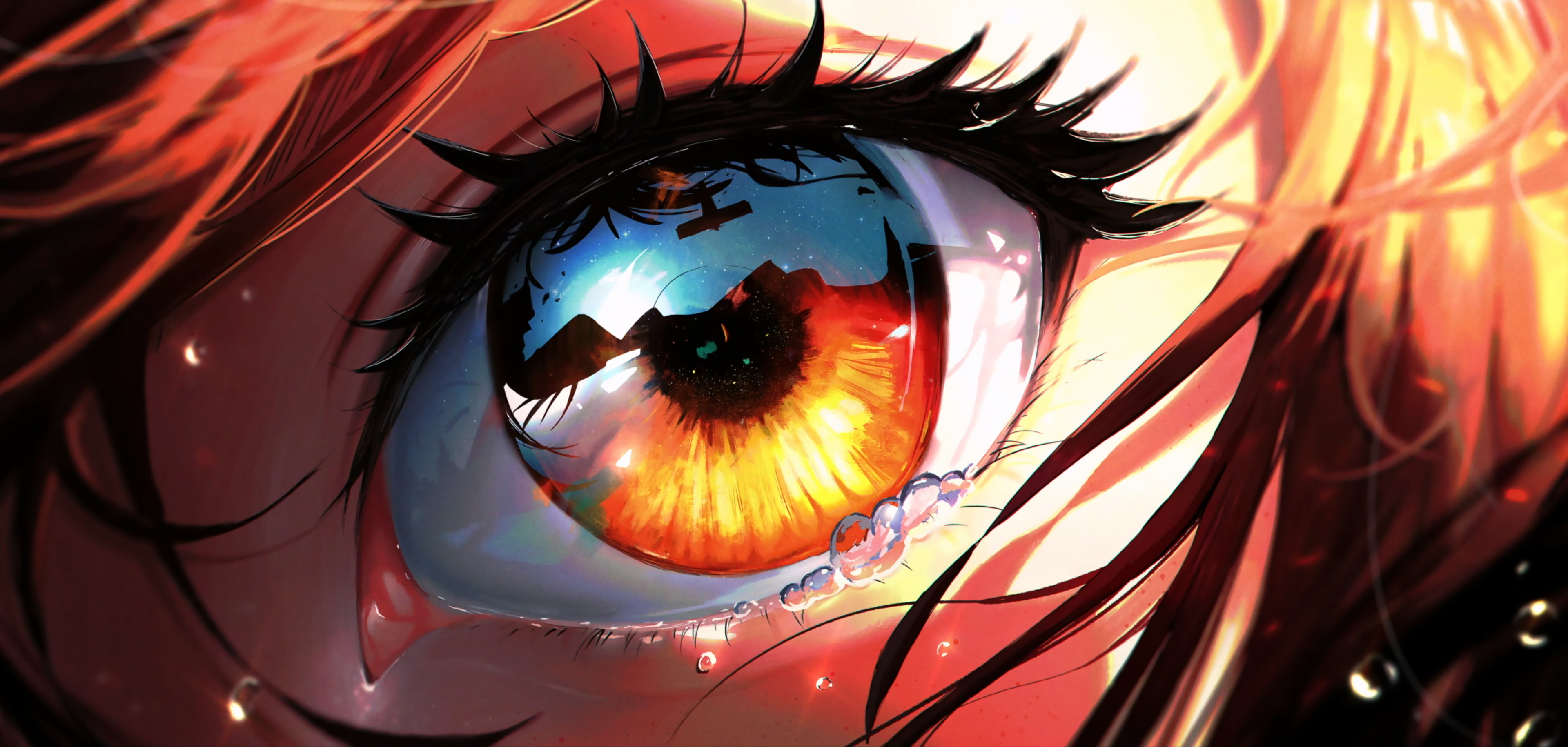 SARTG Digital Art Artwork Illustration Anime Anime Girls Eyes Closeup Reflection Brunette Crying Tea 3840x1830