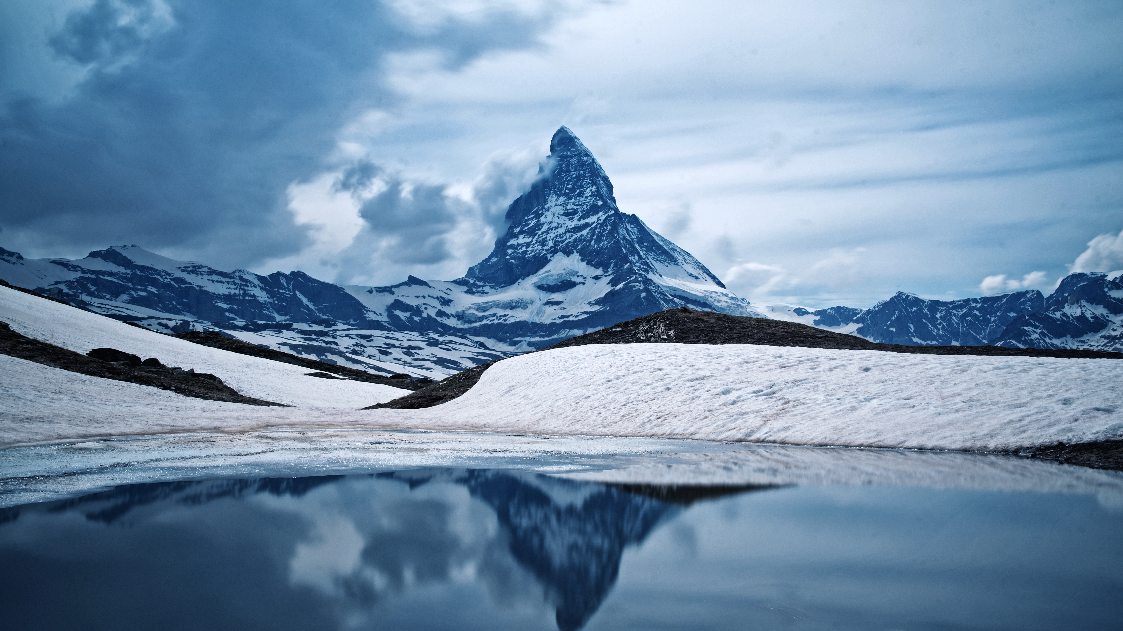 Nature Landscape Mountains Sky Clouds Winter Snow Water Lake Rocks Matterhorn Alps Switzerland 3840x2160