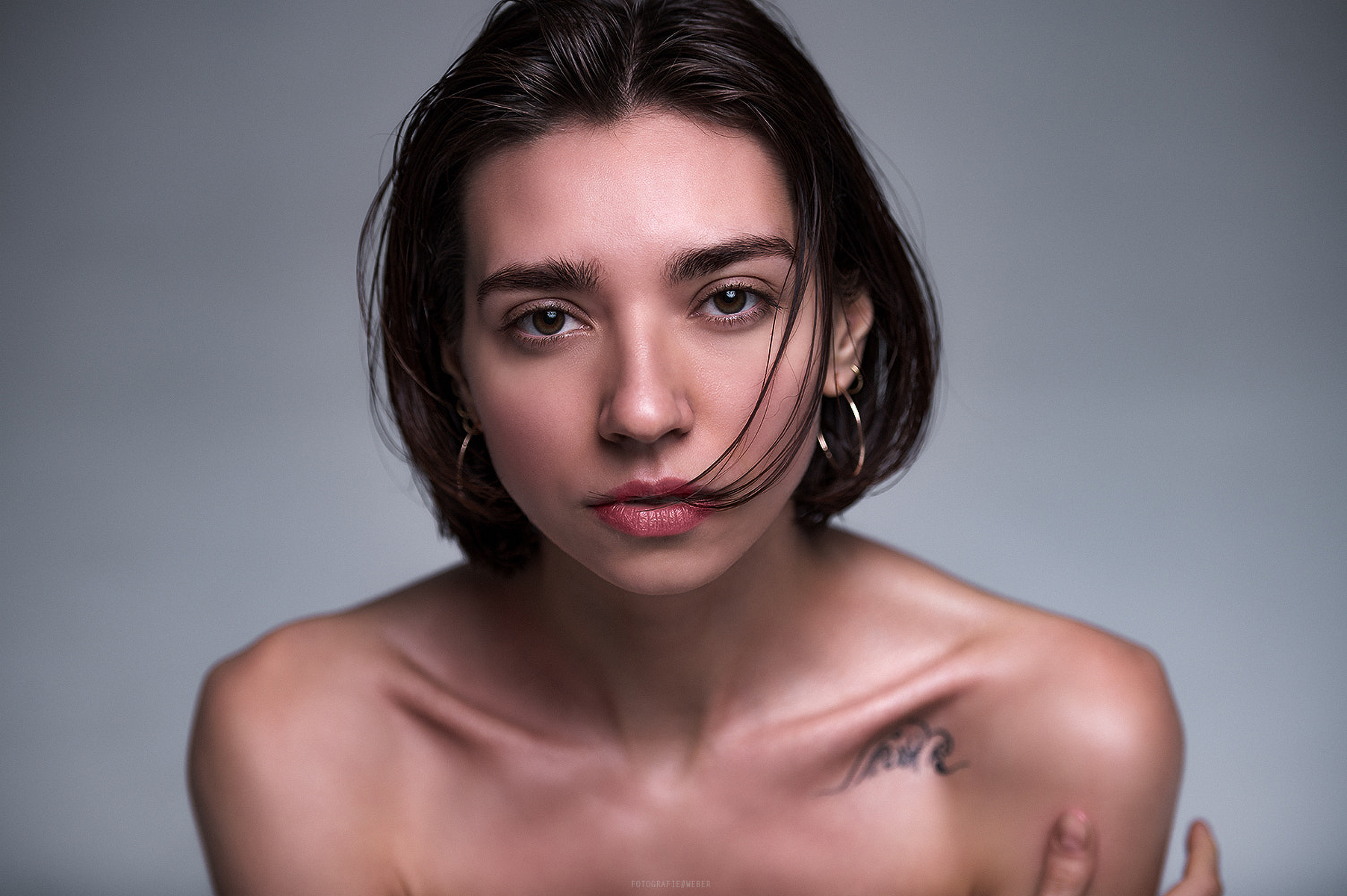 Marcus Weber Women Simple Background Short Hair Portrait Bare Shoulders Tattoo 1804x1200