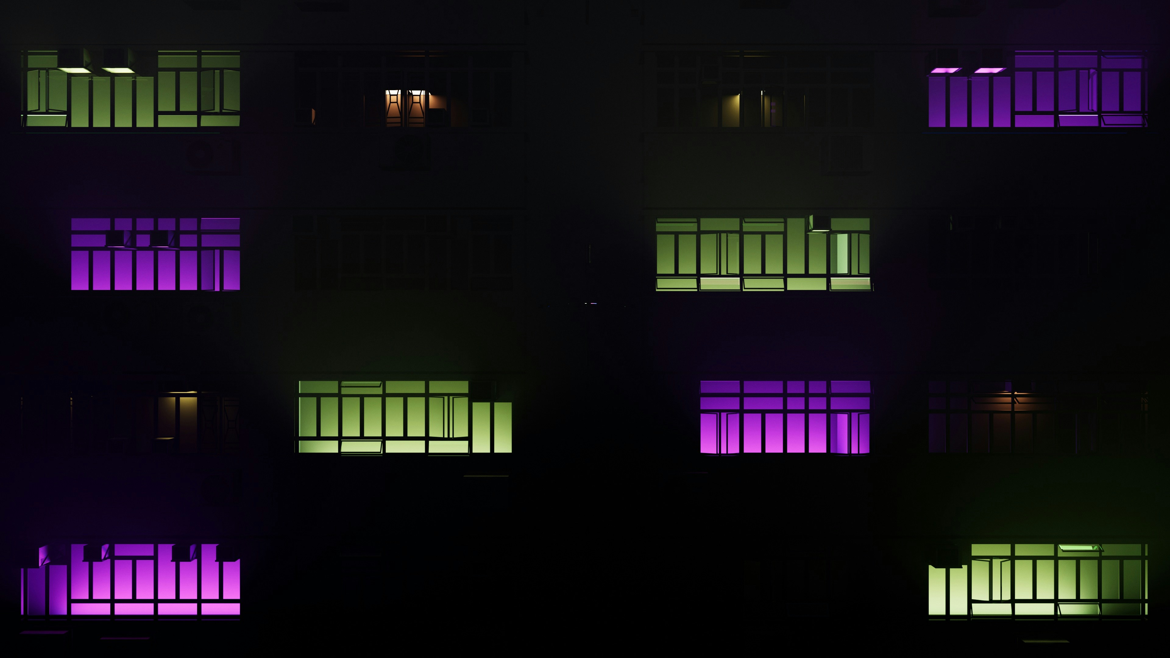 Digital Art CGi Lights Building Apartments Dark Green Purple 3840x2160