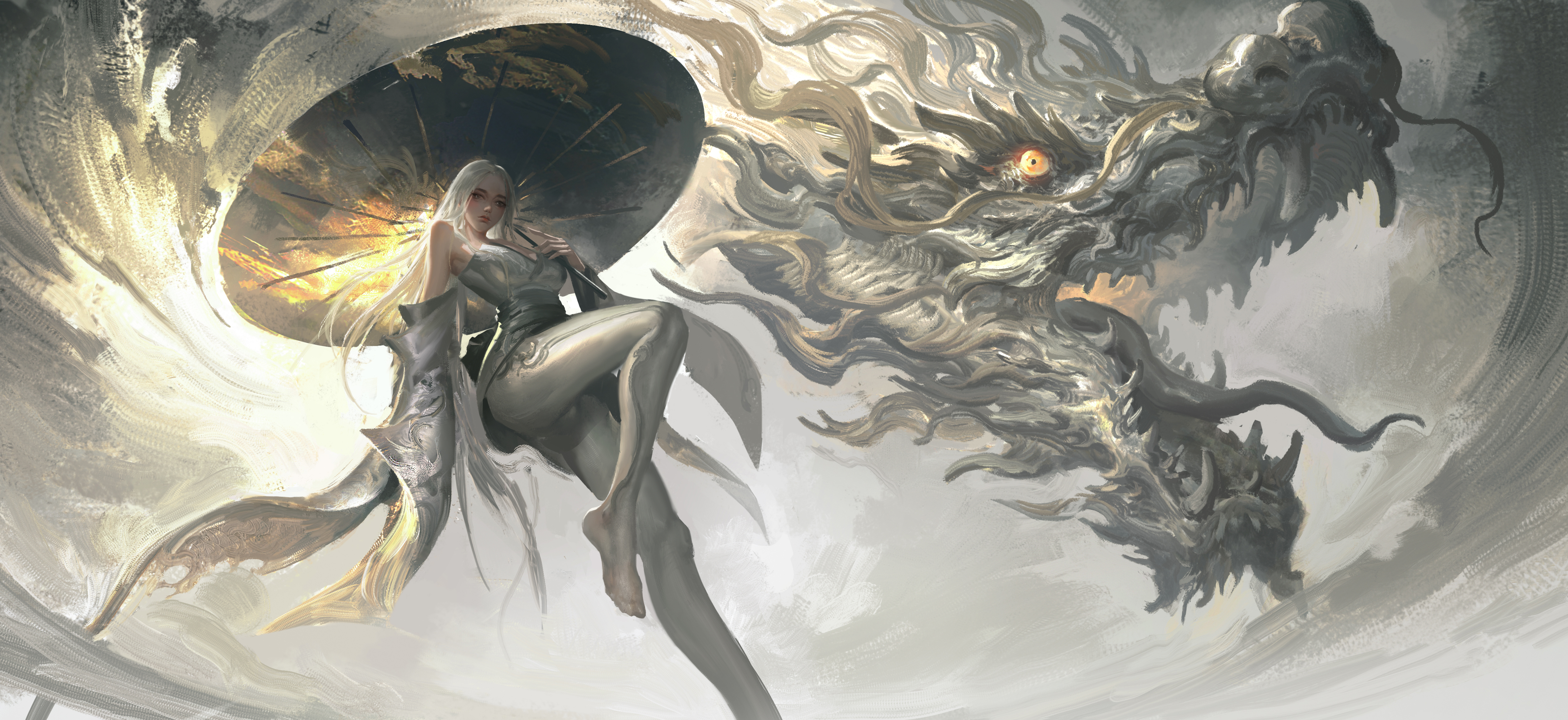 LEO Artist Low Angle Umbrella Looking At Viewer Dragon Closed Mouth White Hair Long Sleeves Sky Deta 5000x2297