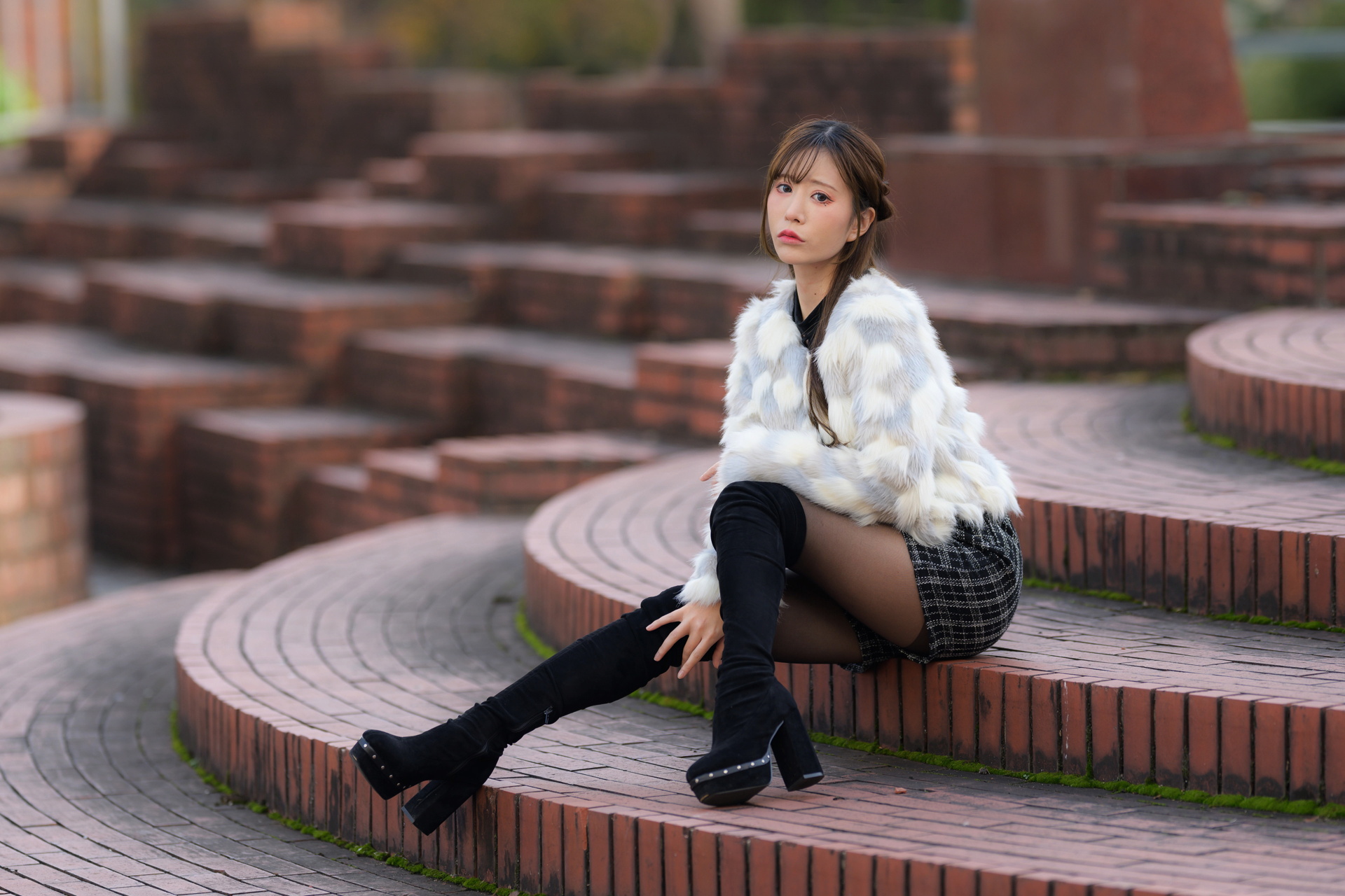 Asian Model Women Long Hair Dark Hair Sitting Stairs Knee High Boots 1920x1280