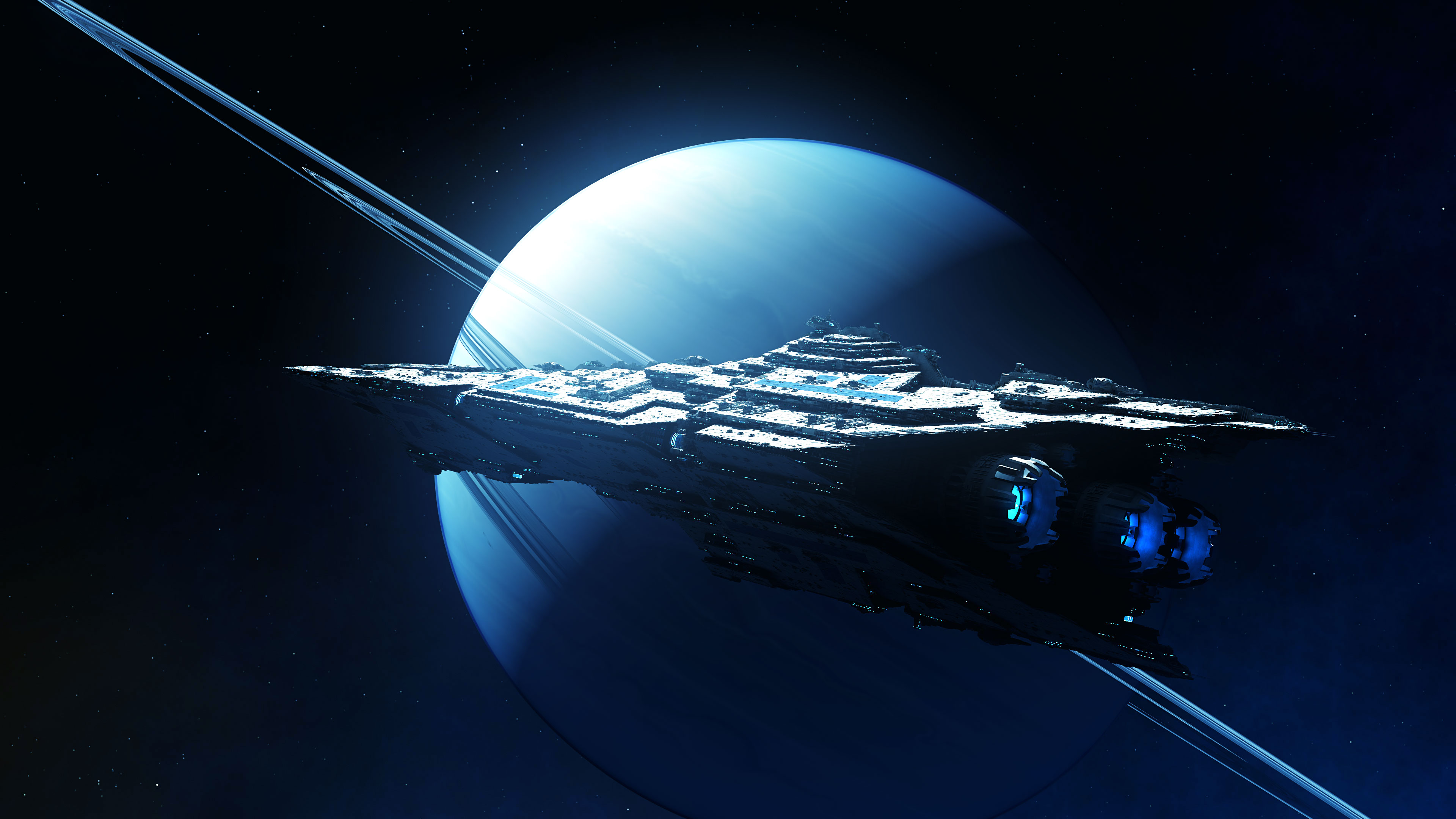 Science Fiction Spaceship Space Planet Planetary Rings Simple Background Blue Background 3840x2160
