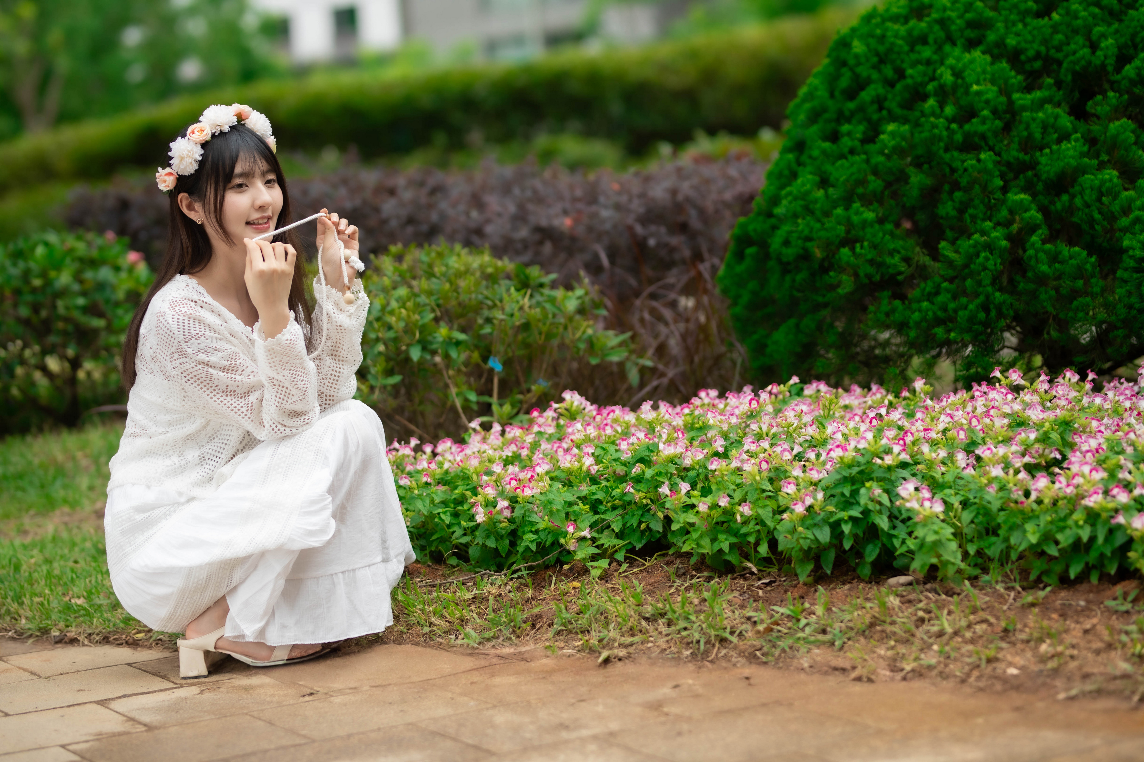 Asian Model Women Long Hair Dark Hair Squatting Flower Crown 3840x2560