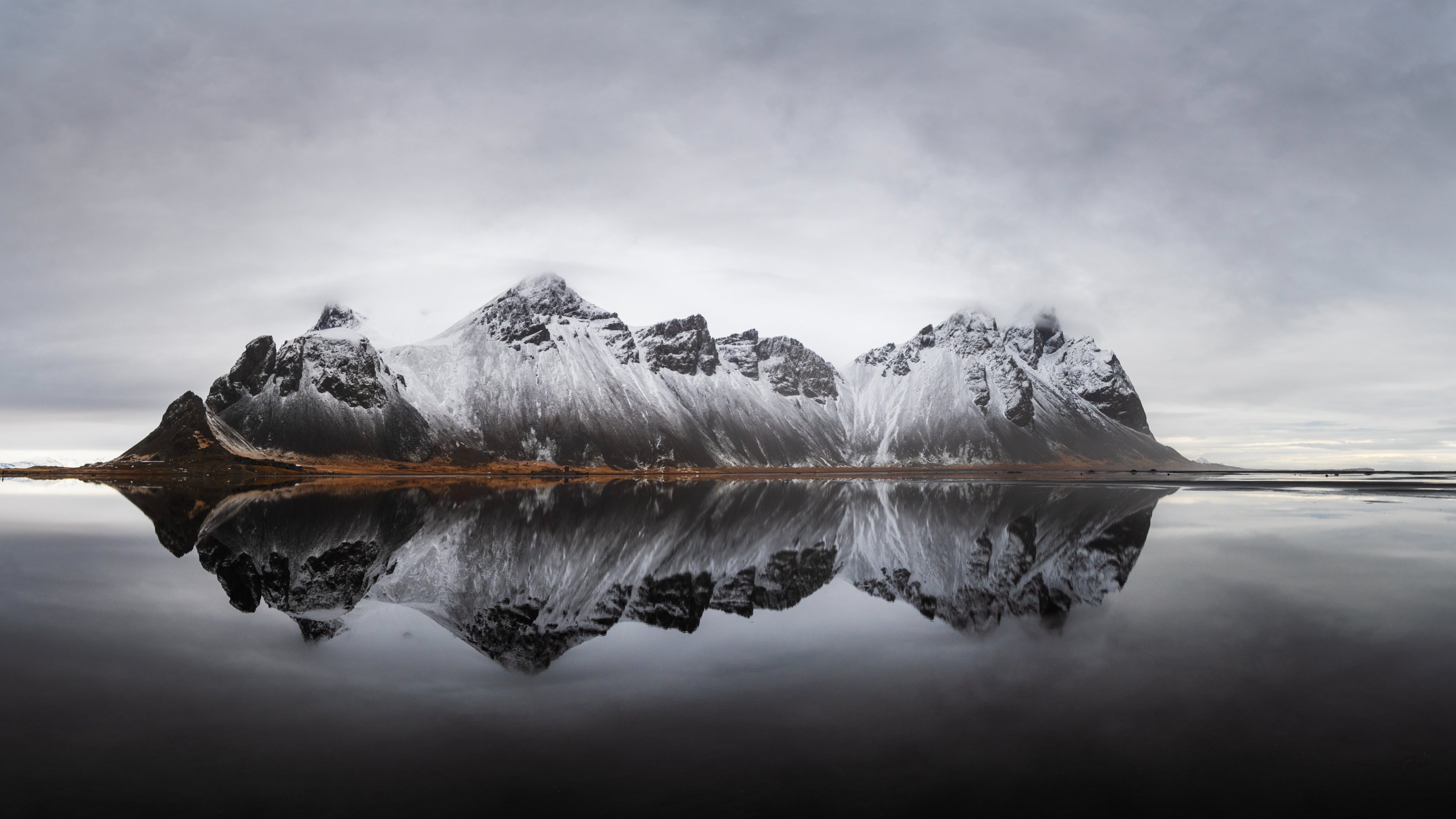 Nature Landscape Clouds Mist Mountains Water Reflection Black Sand Snow Stokksnes Norway 3840x2160