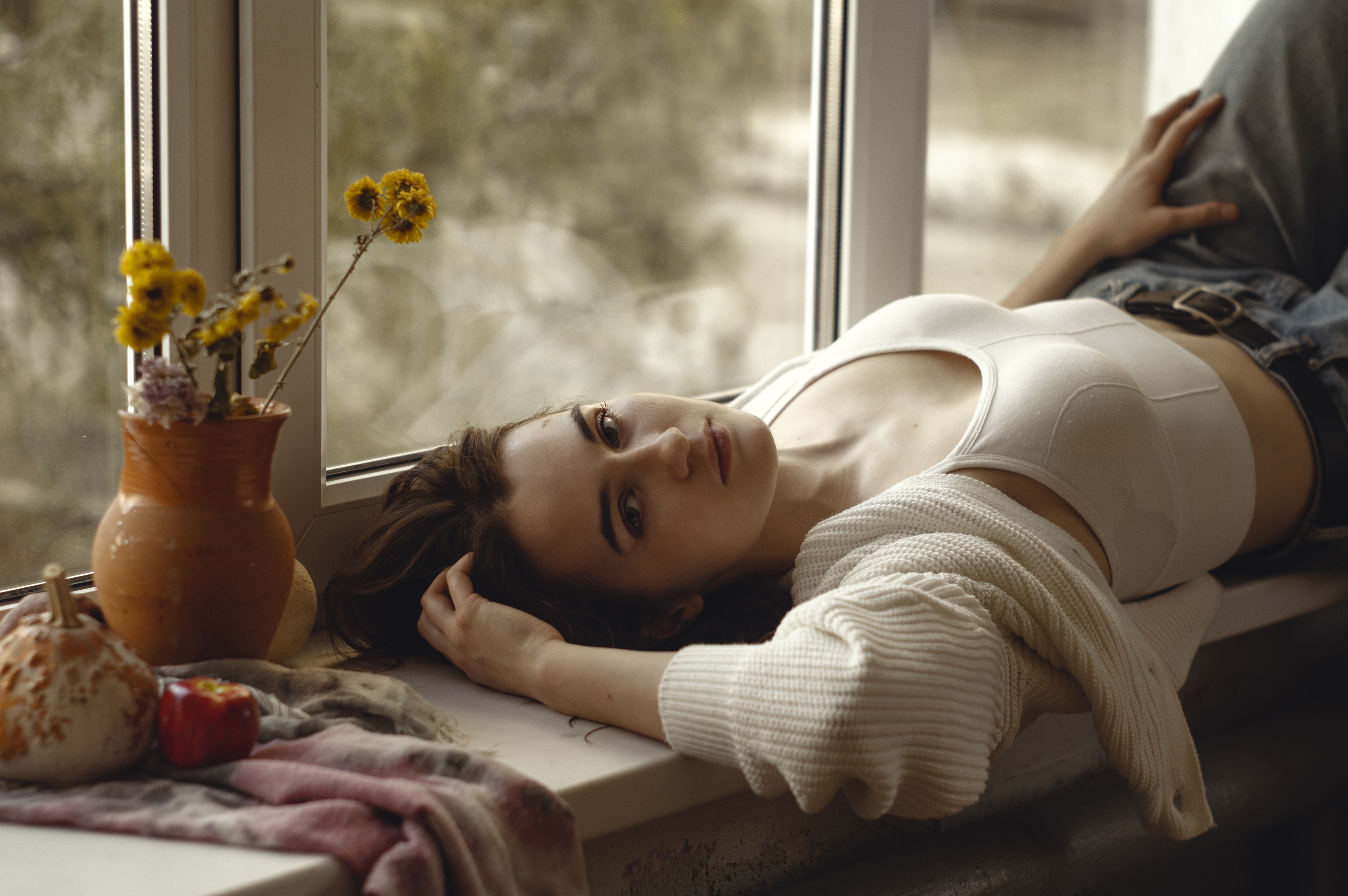 Model Red Lipstick White Sweater White Tops Jeans Lying On Back By The Window Hands In Hair Looking  3500x2328