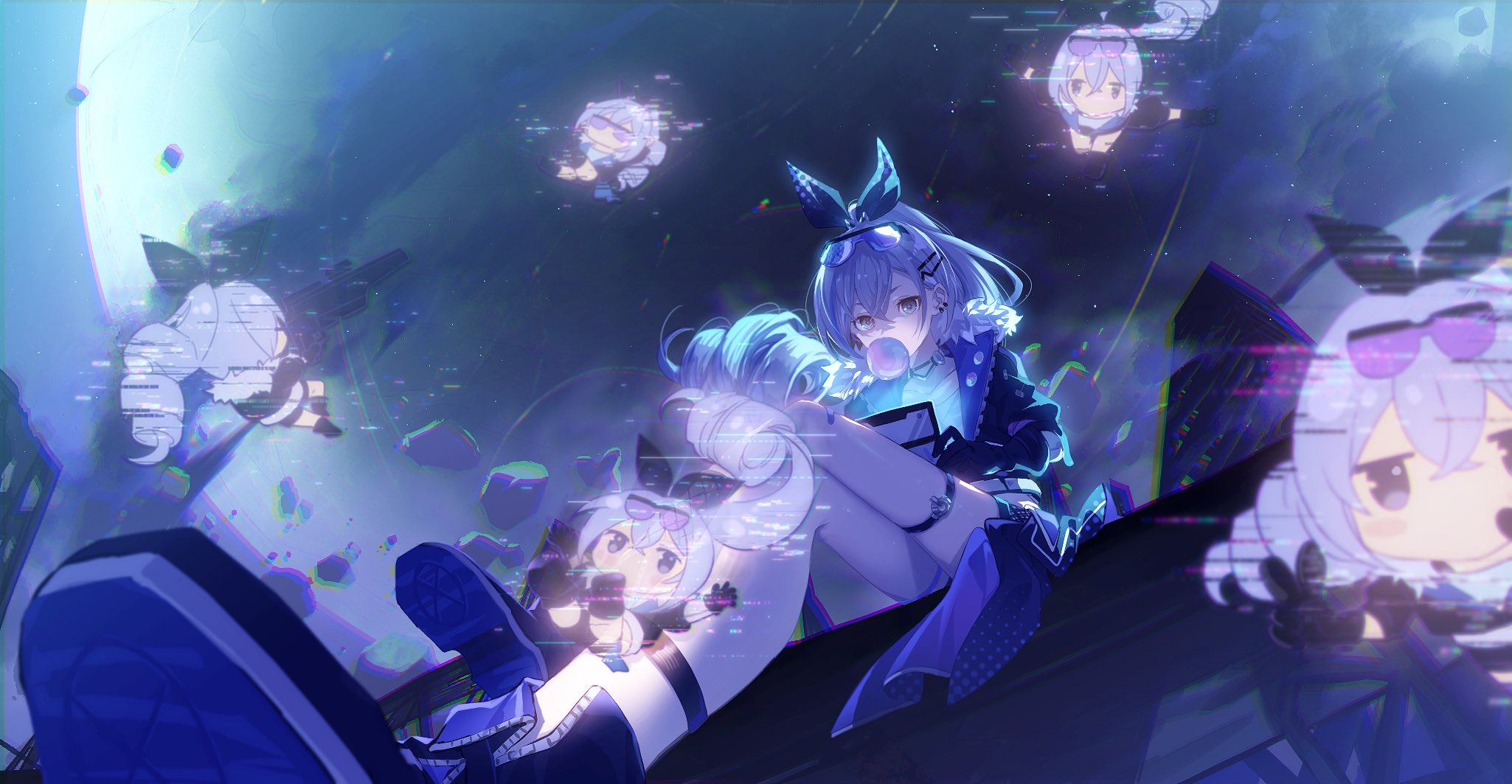 Silver Wolf Honkai Star Rail Honkai Star Rail Anime Bow Blue Hair Hologram Space 2050x1063