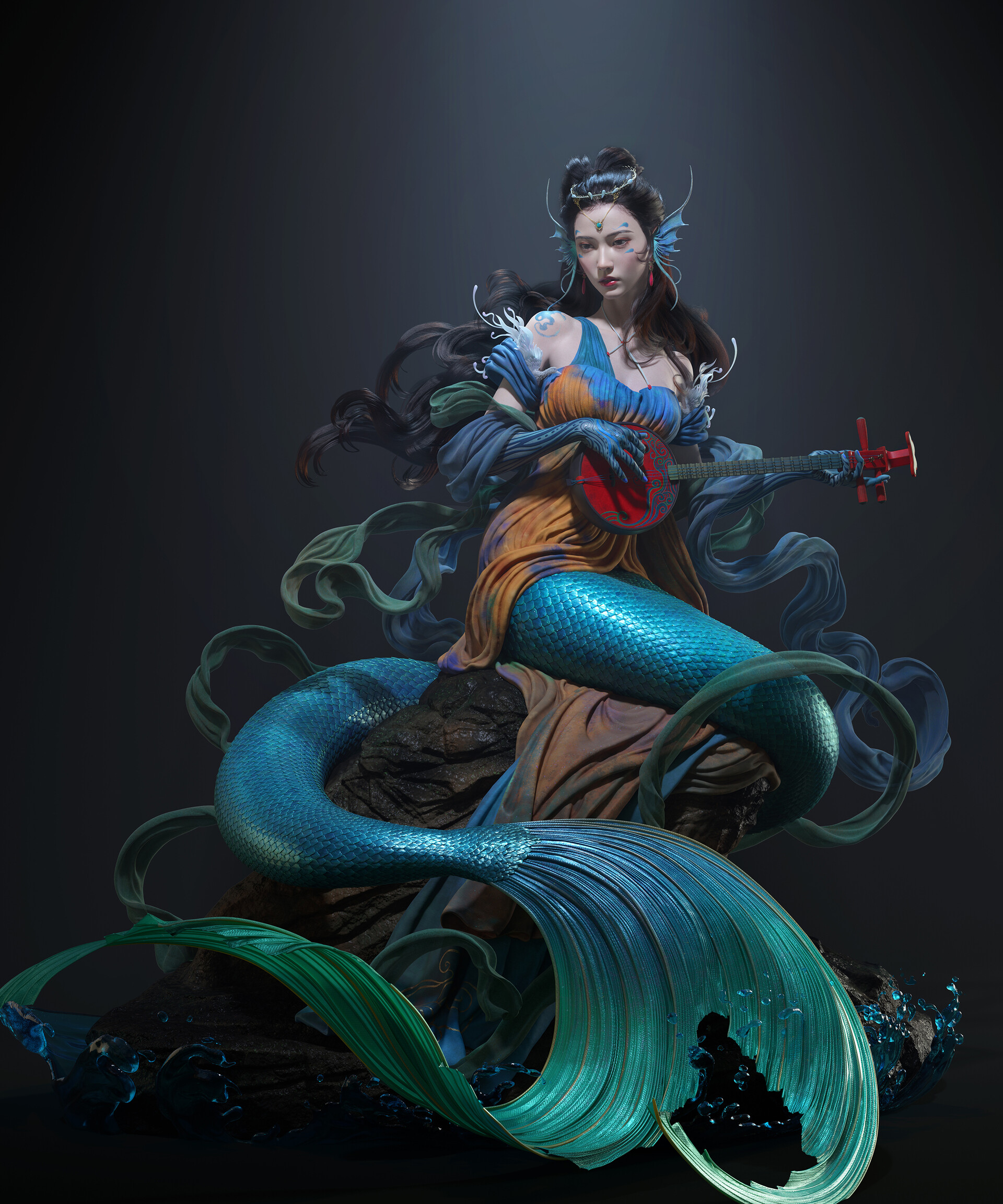 Qi Sheng Luo CGi Mermaids Lute Fantasy Art Tail 1920x2304