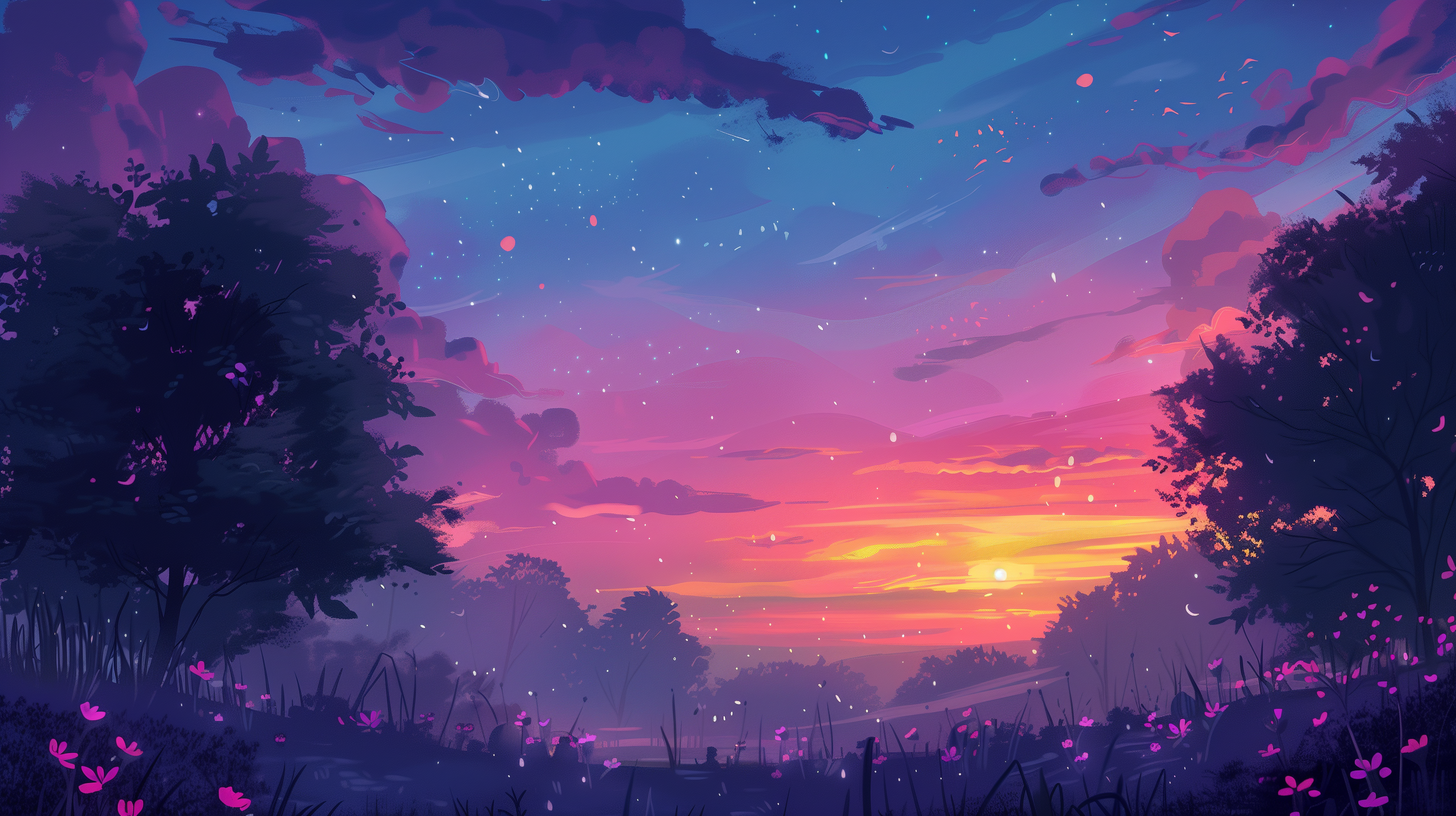 Dawn Sunset Pink Purple Blue Stars Clouds Trees Sphere Vibrant Artwork 2912x1632