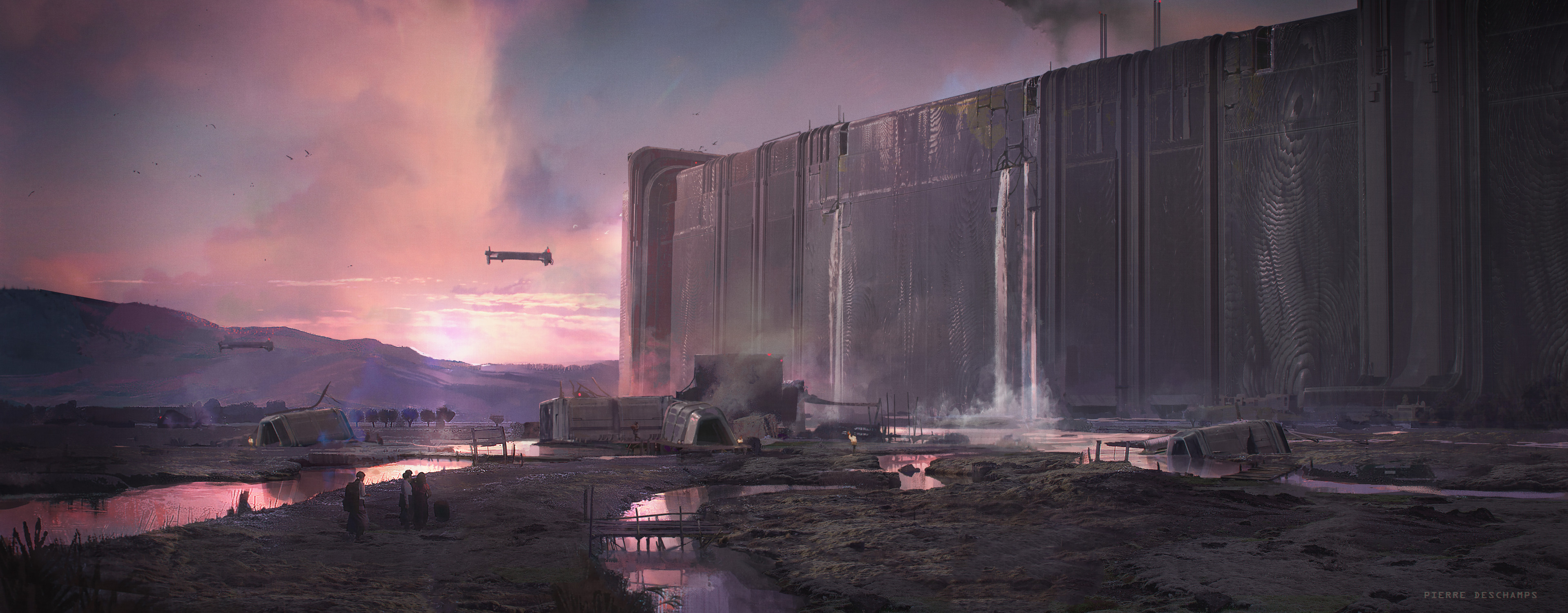 Pierre Deschamps Science Fiction Digital Art Architectural Concept Dam Futuristic Construction Hydro 3840x1501