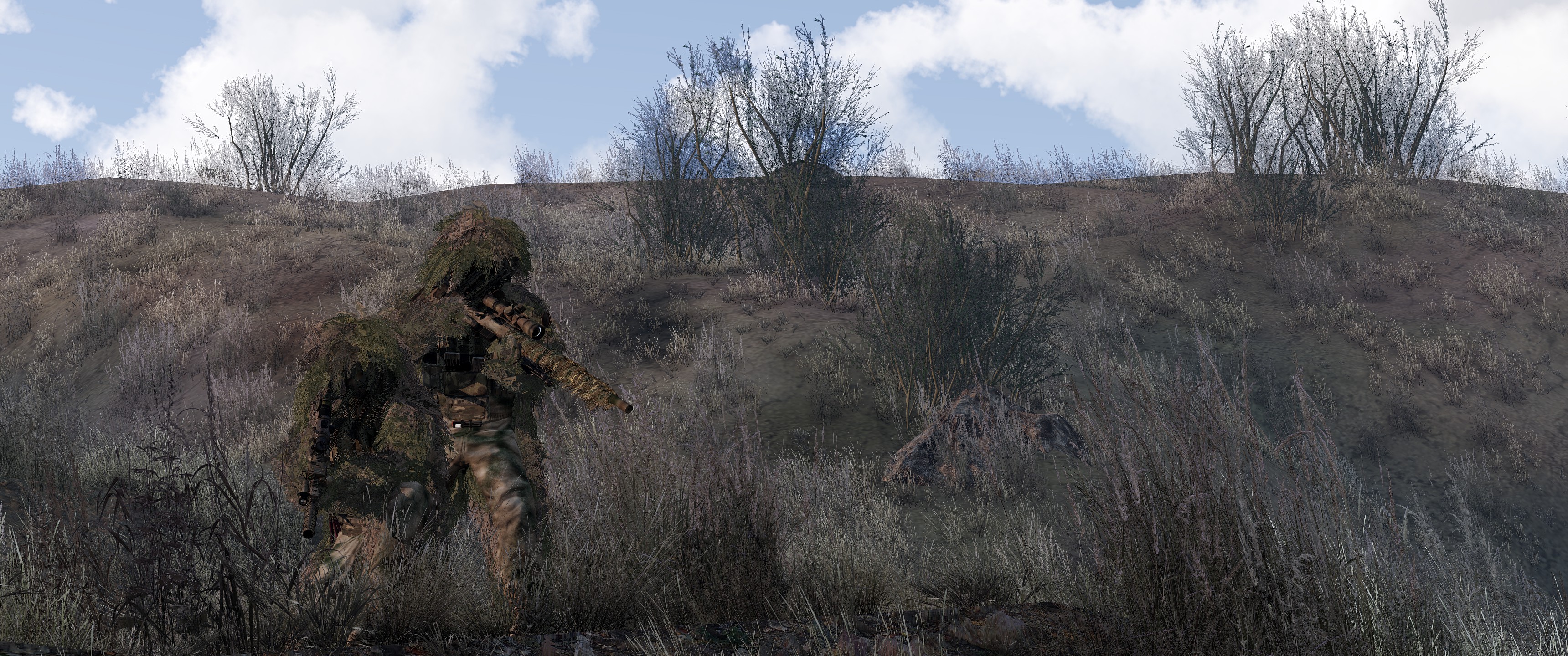 Sniper Rifle Ghillie Suit M40A5 Camouflage Arma 3 Screen Shot Soldier Military Weapon M4A1 Gun Holdi 3440x1440