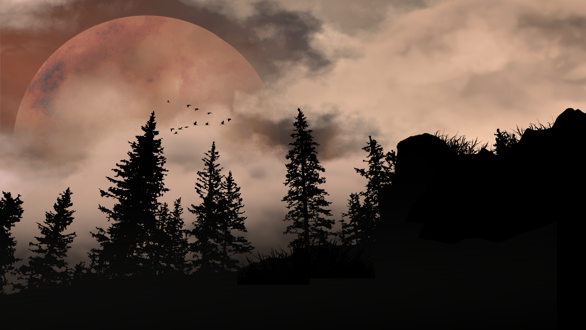Forest Digital Art Shadow Night Sky Moon Overcast Landscape Nature Nature Digi Art Hills Silhouette 1920x1080