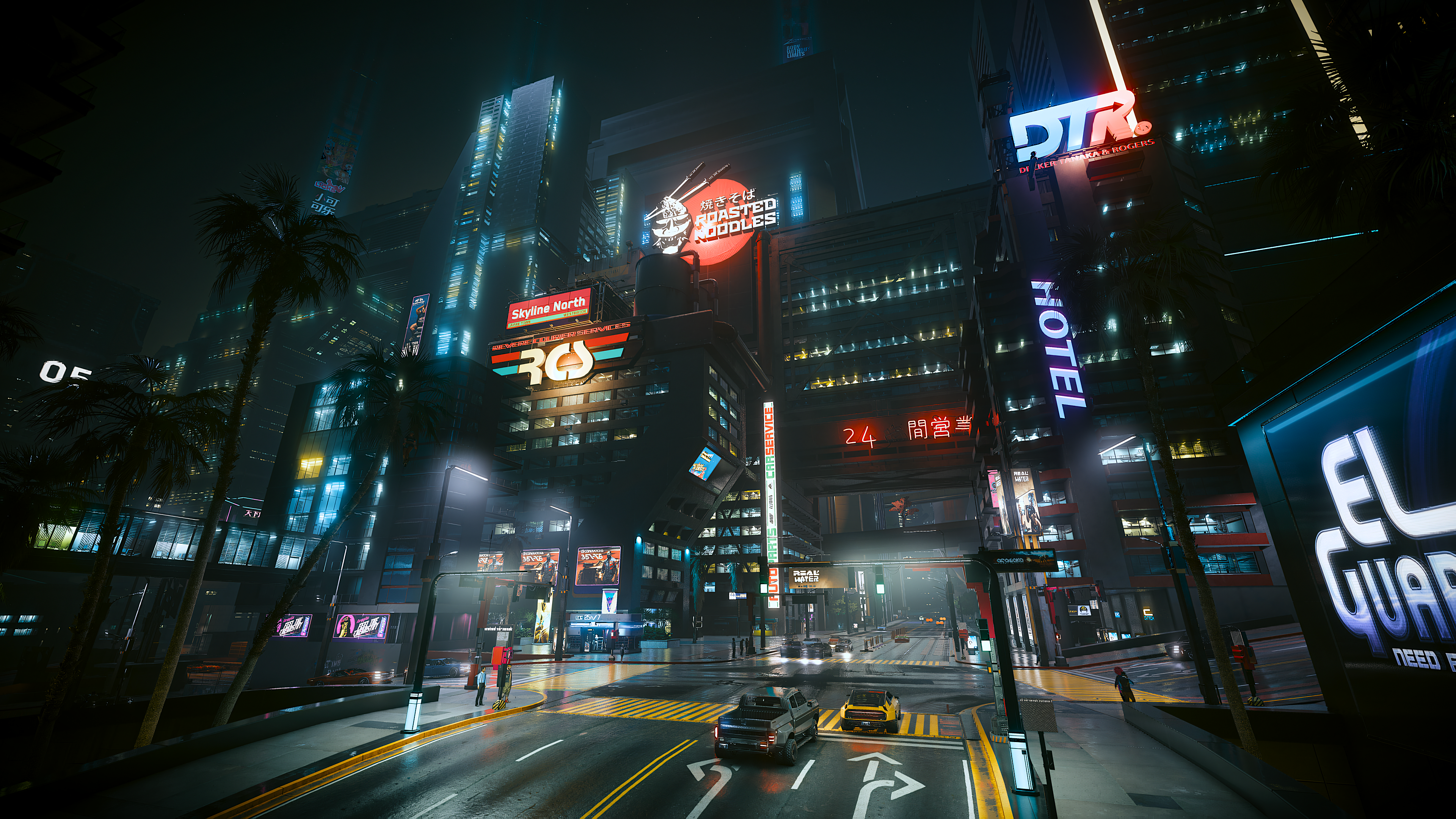 Palm Trees City Night Dark Lights Neon Hologram Futurism Futuristic Car Futuristic City Cyberpunk 20 3840x2160