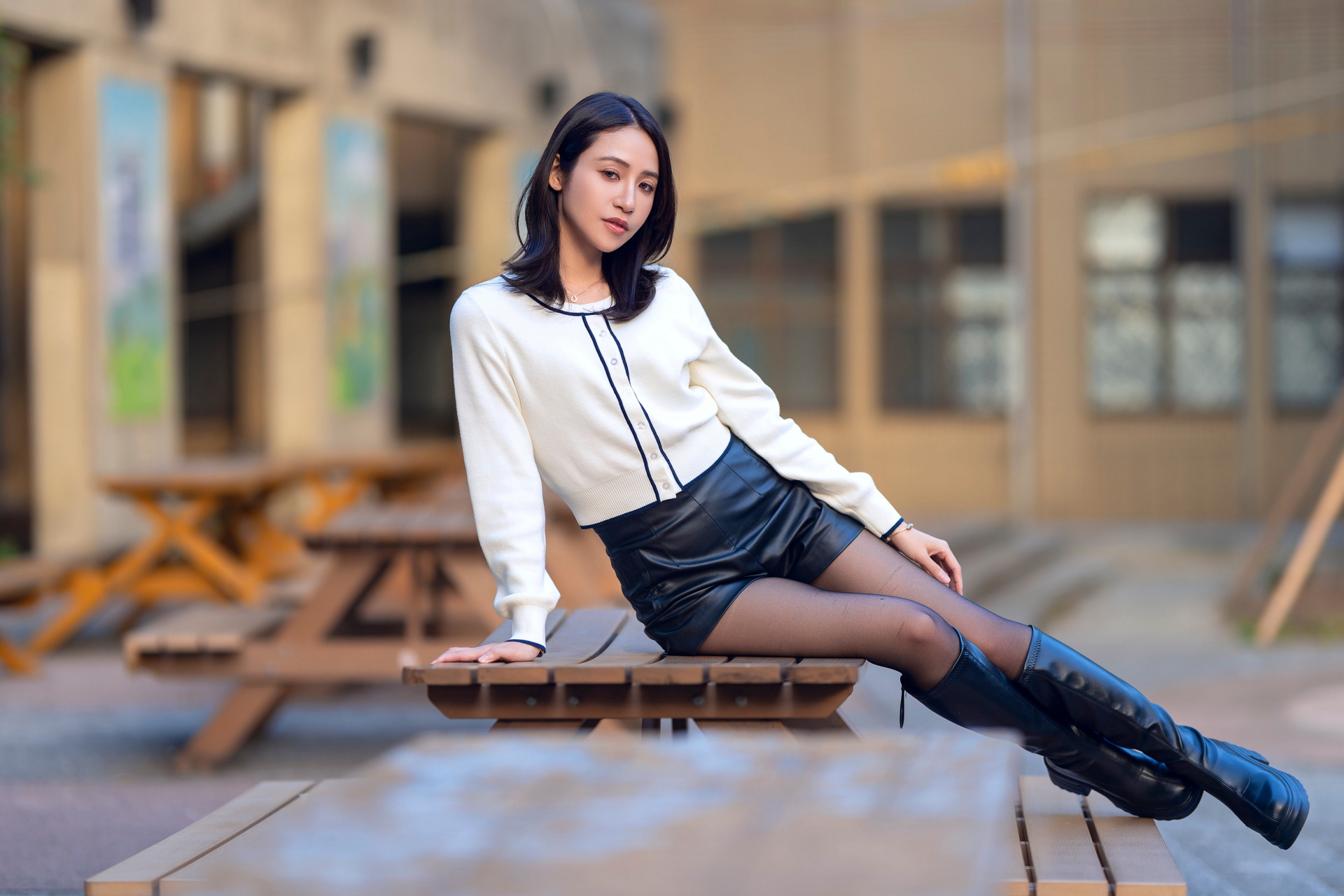Asian Model Women Long Hair Dark Hair Sitting Bench 1920x1280