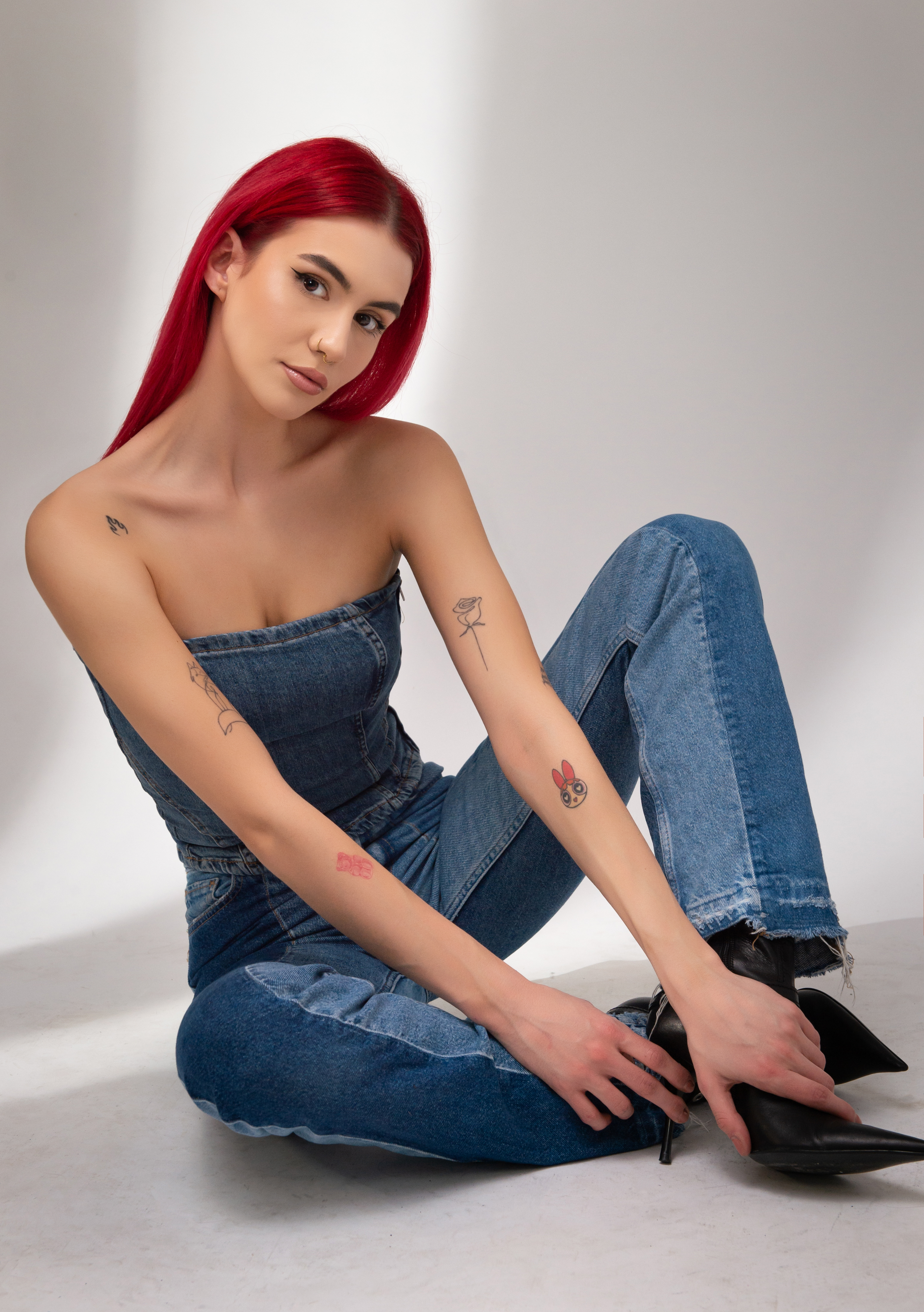 Cristian Iancu Women Redhead Piercing Tattoo Blossom Powerpuff Girls Denim Bare Shoulders Dyed Hair  3099x4398