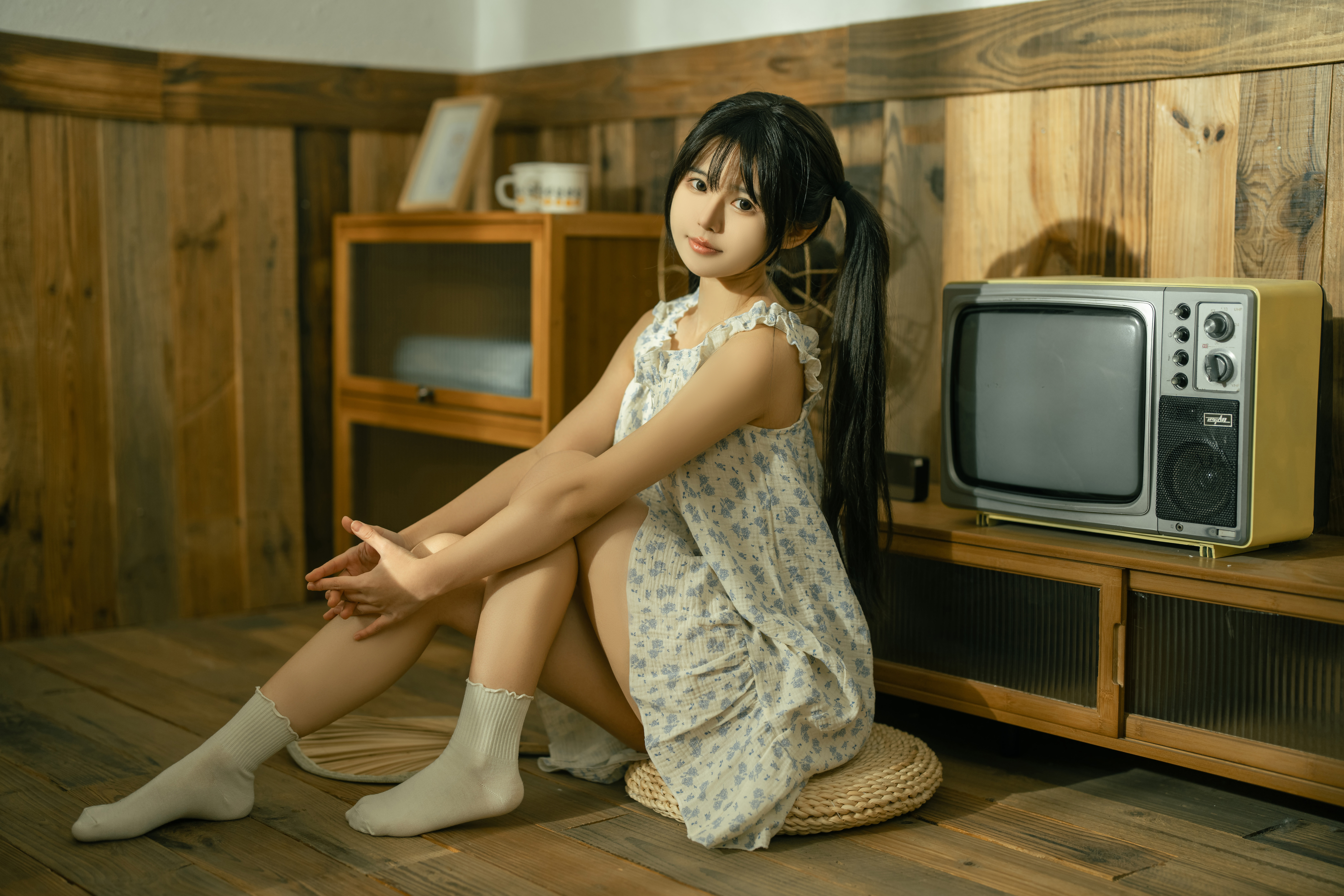 Women Model Asian Black Hair Twintails Dress Legs Looking At Viewer On The Floor TV Side View 6500x4333