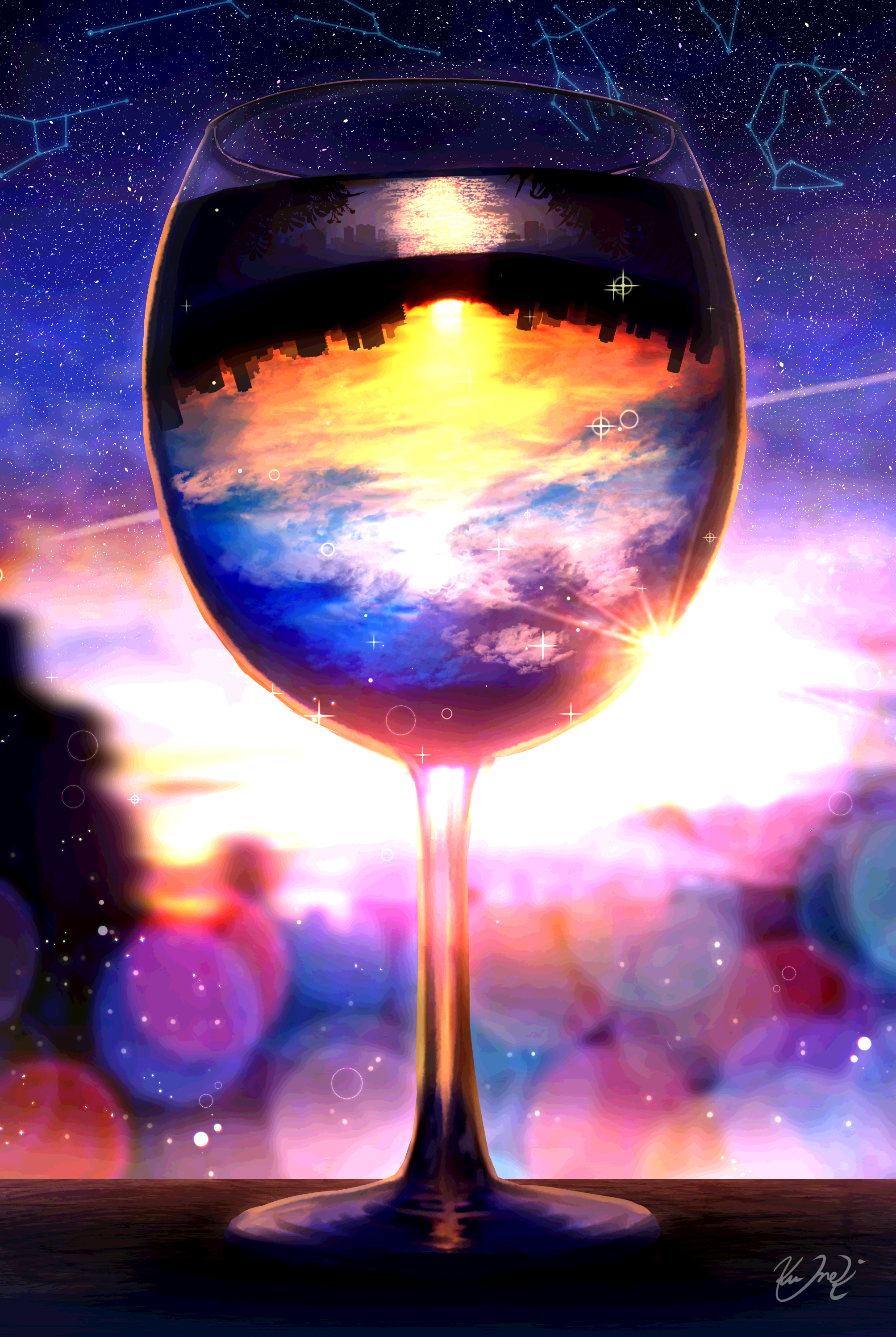 Wine Glass Constellation Cityscape Gradient Blurry Background Sky Starred Sky Starry Night Signature 2007x2995