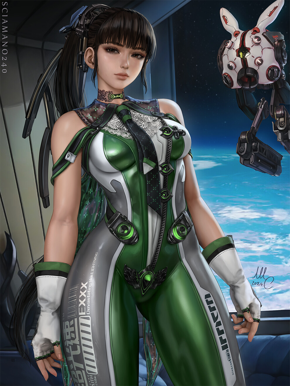 Mirco Cabbia Drawing Eve Stellar Blade Green Clothing Spaceship Science Fiction 990x1320