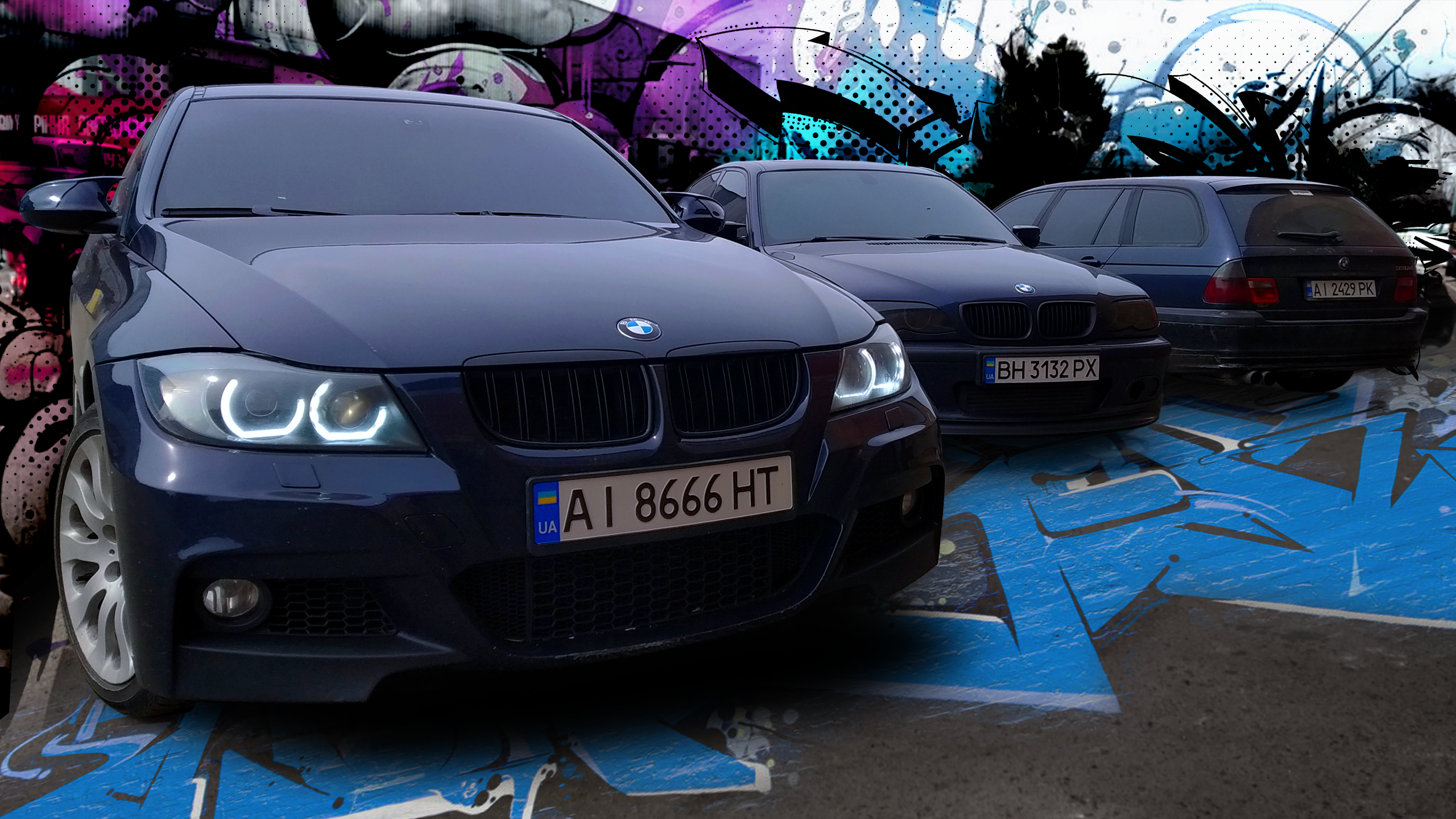 BMW Vehicle Car BMW E90 BMW E46 Blue Graffiti Street Art 2560x1440
