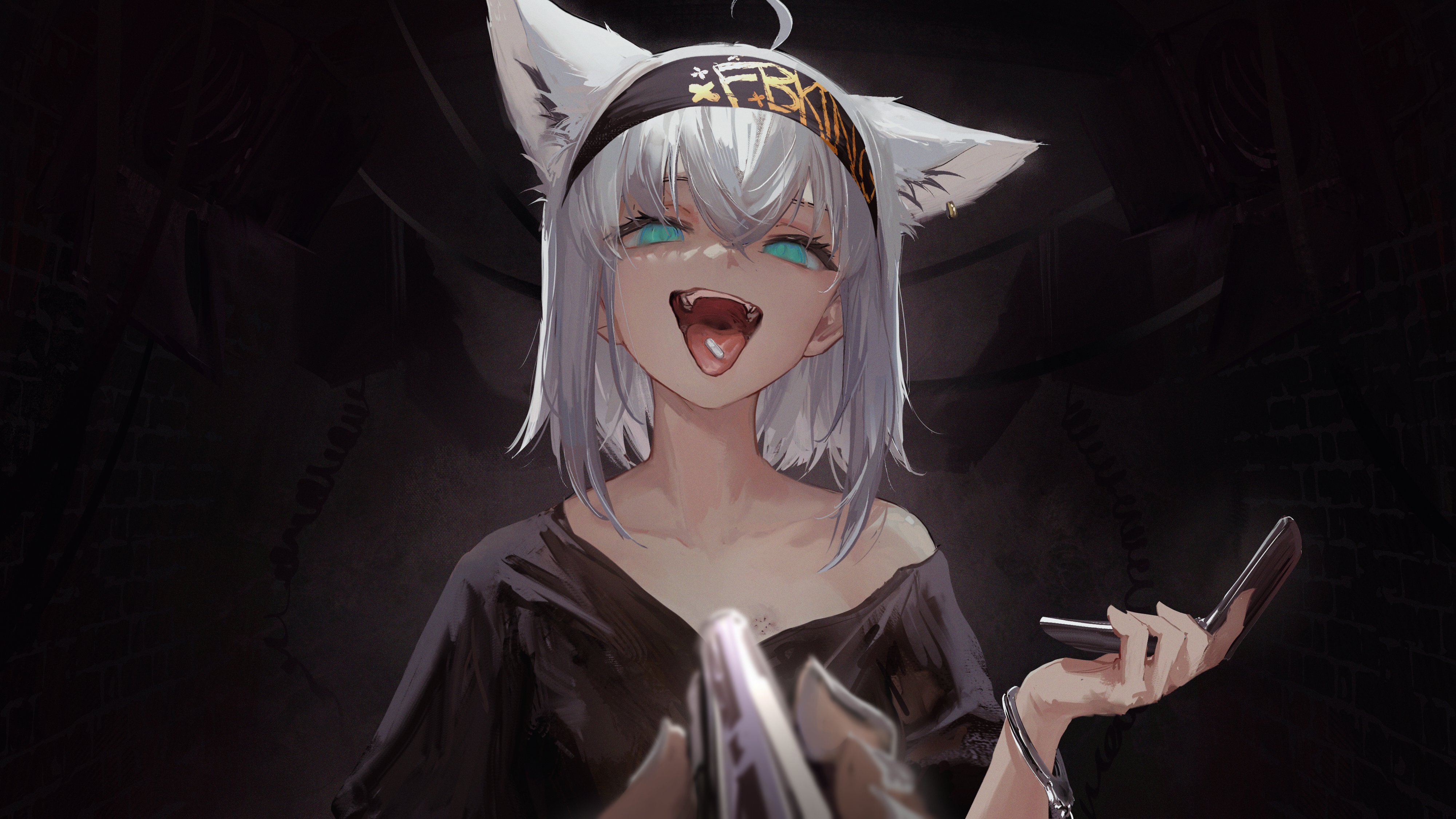 Anime Anime Girls Aqua Eyes Cellphone Open Mouth Tongue Out White Hair Short Hair Cat Eyes Hololive  4000x2250