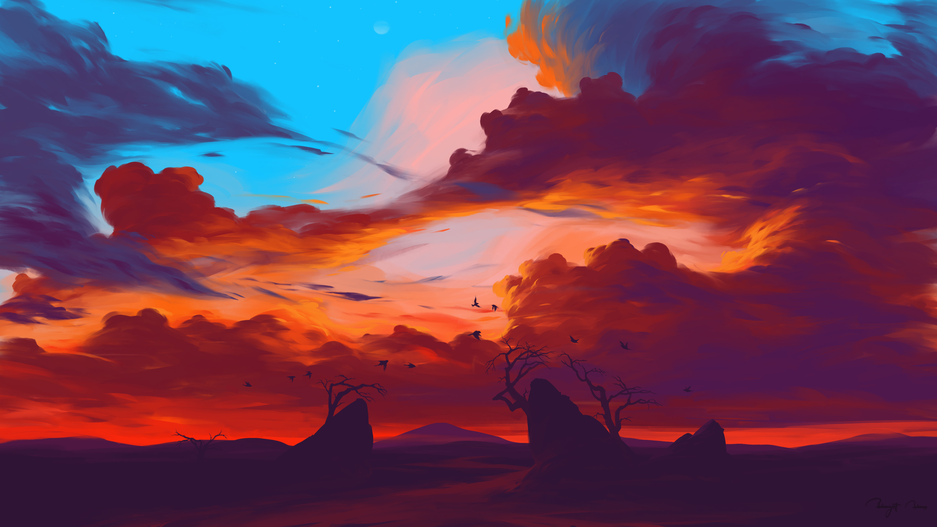 BisBiswas Landscape Clouds Sunset Birds Animals Rock Formation Trees Digital Art Artwork Illustratio 3840x2160