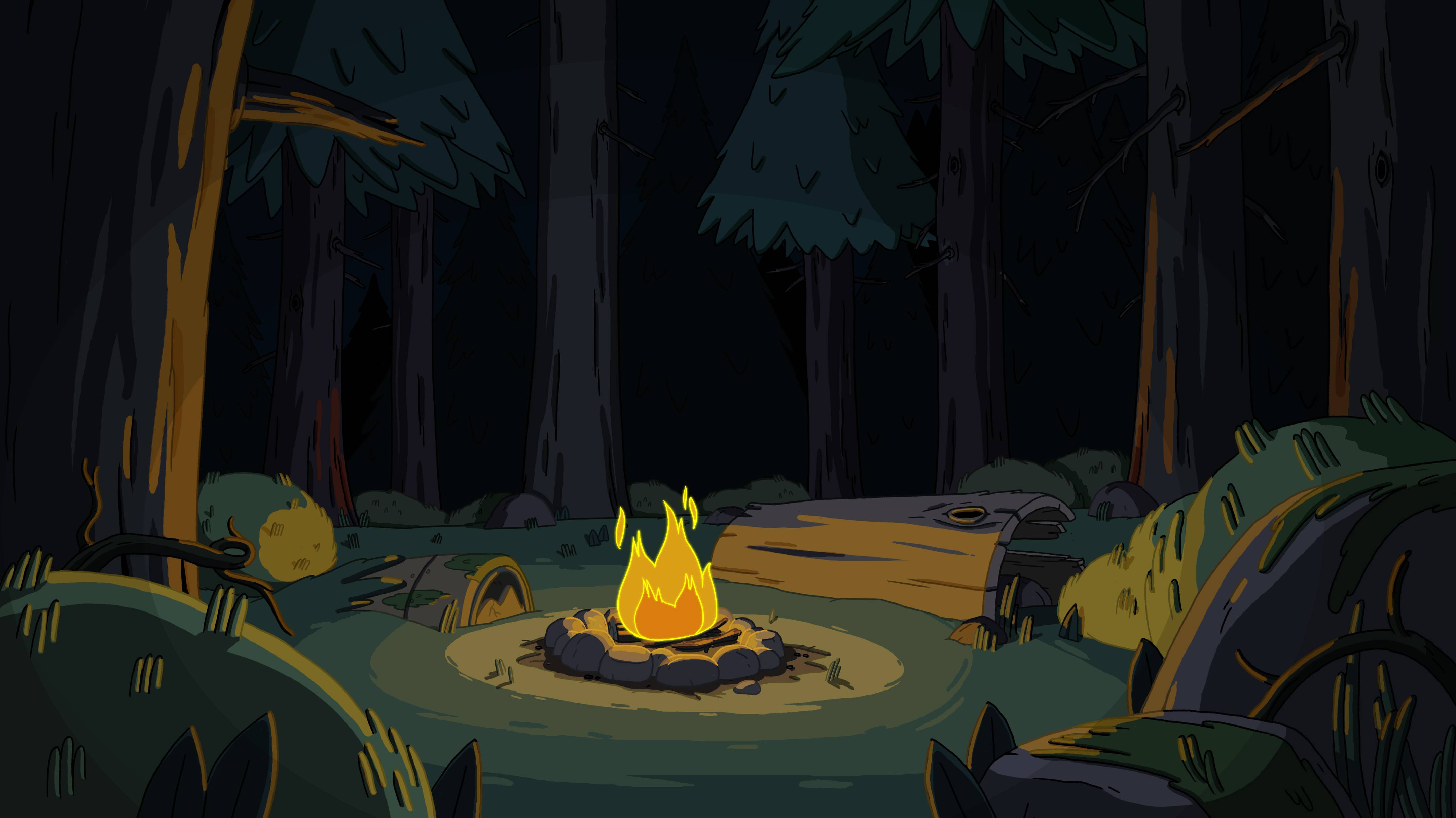 Campfire Night Pine Trees Forest Adventure Time Animation 4328x2432