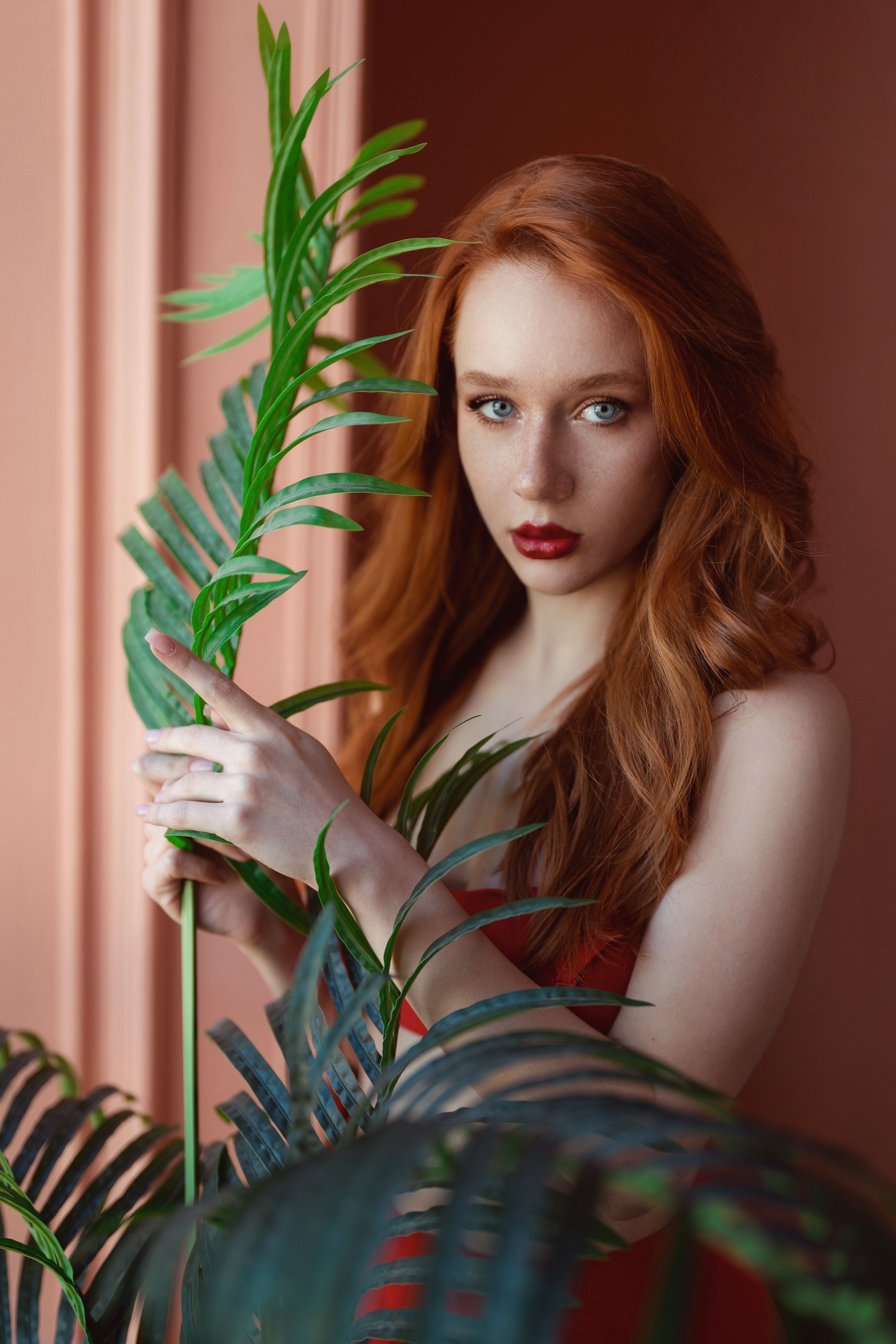 Vyacheslav Ivanov Women Redhead Makeup Plants Red Lipstick Blue Eyes 1441x2160
