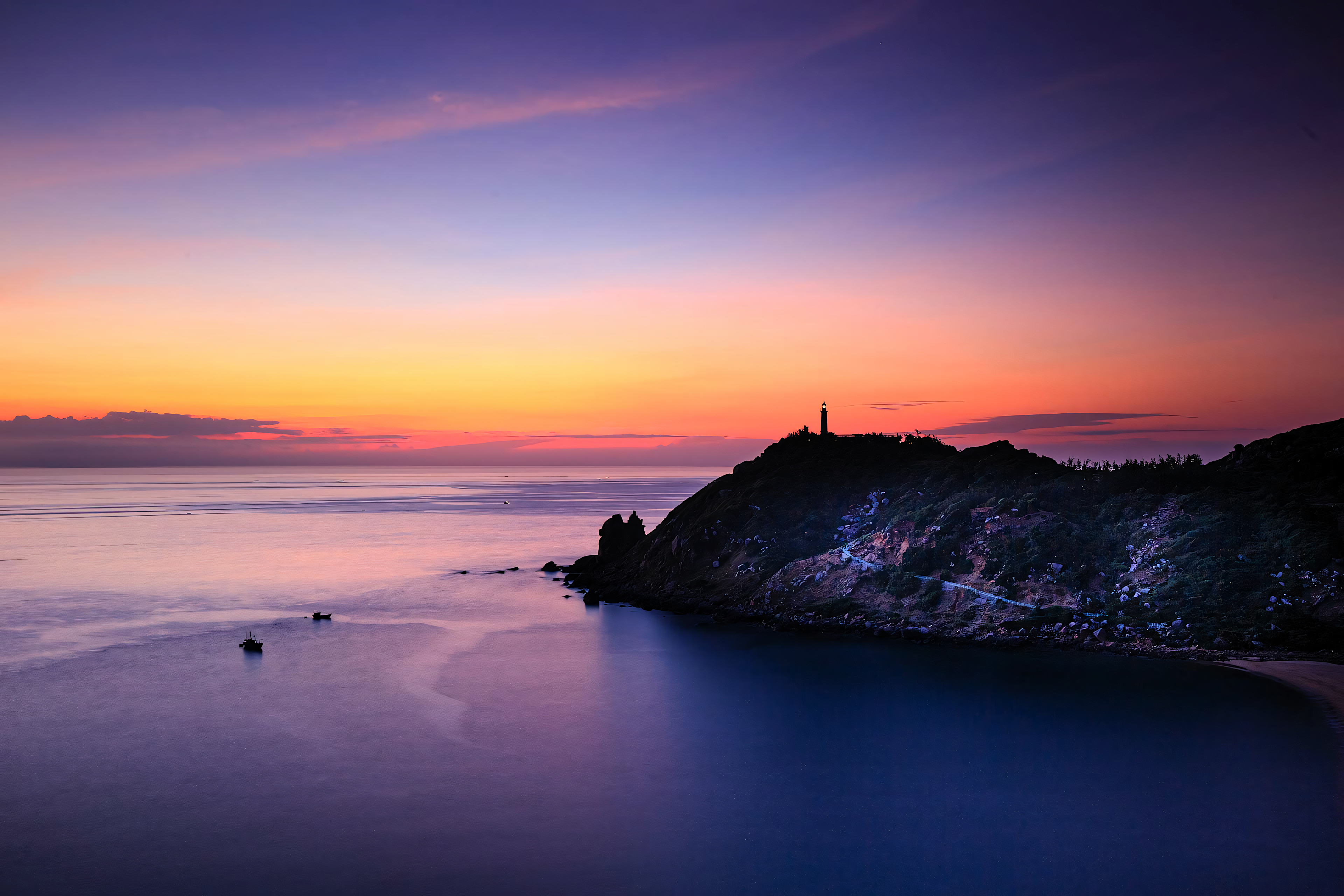 Purple Reflection Tower Orange Sea Water Clouds Shore Nature Colorful 3840x2560