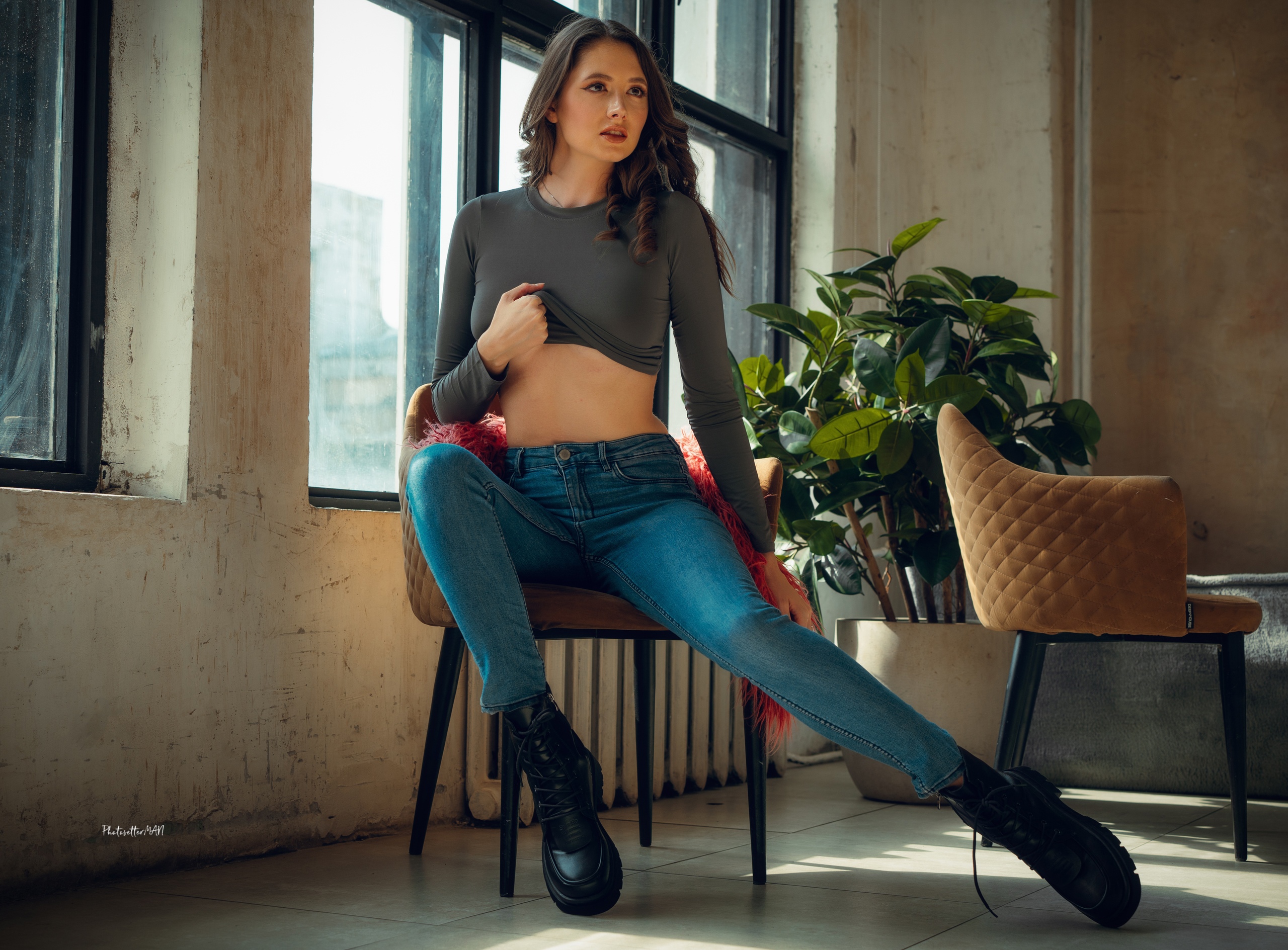 Alexander Nikolsky Model Jeans Women Makeup Women Indoors Boots Brunette By The Window Sitting Red L 2560x1889