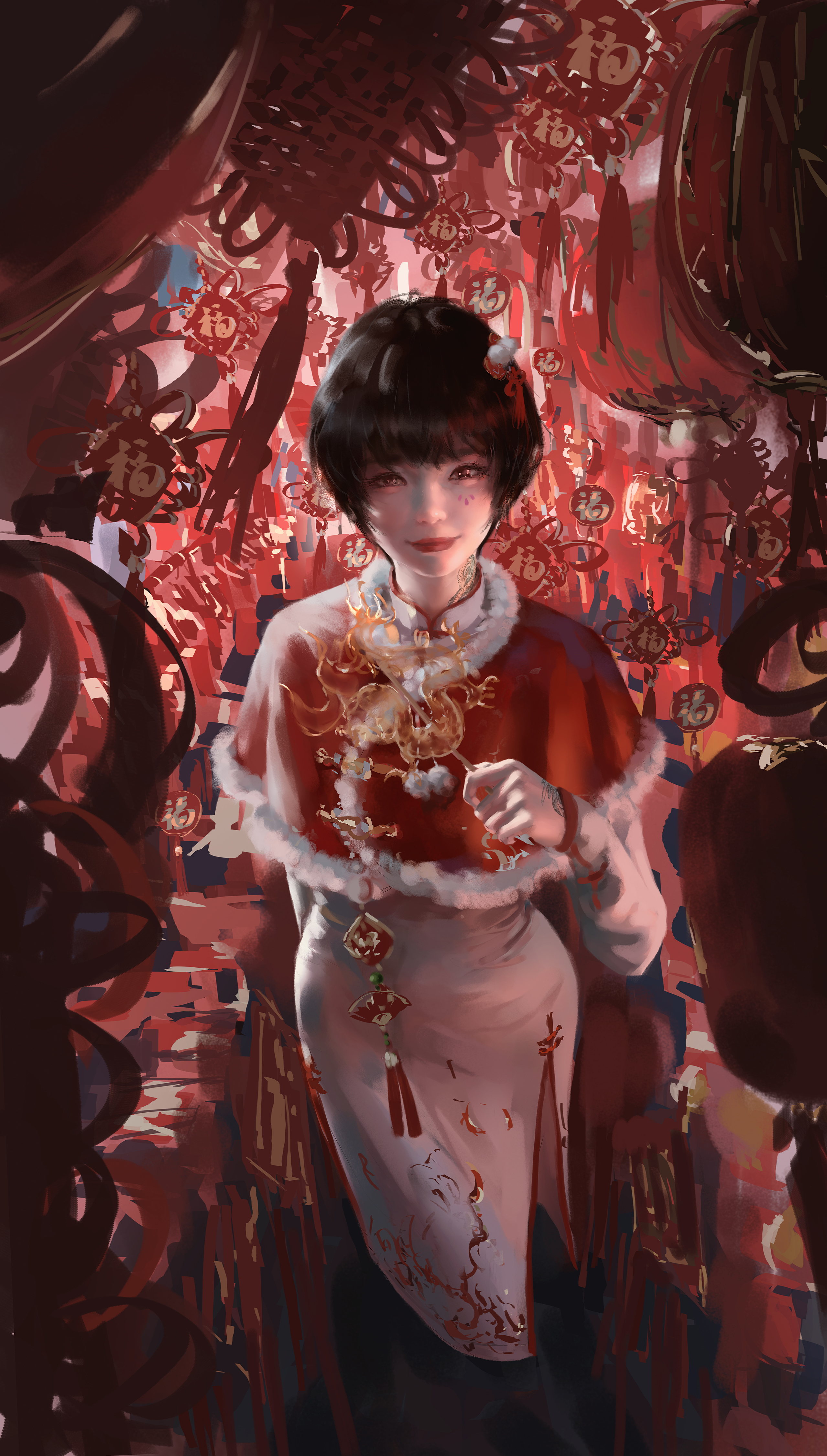 WLOP Digital Art Artwork Illustration Fantasy Art Women Short Hair Dark Hair Chinese Dress Portrait  2557x4500