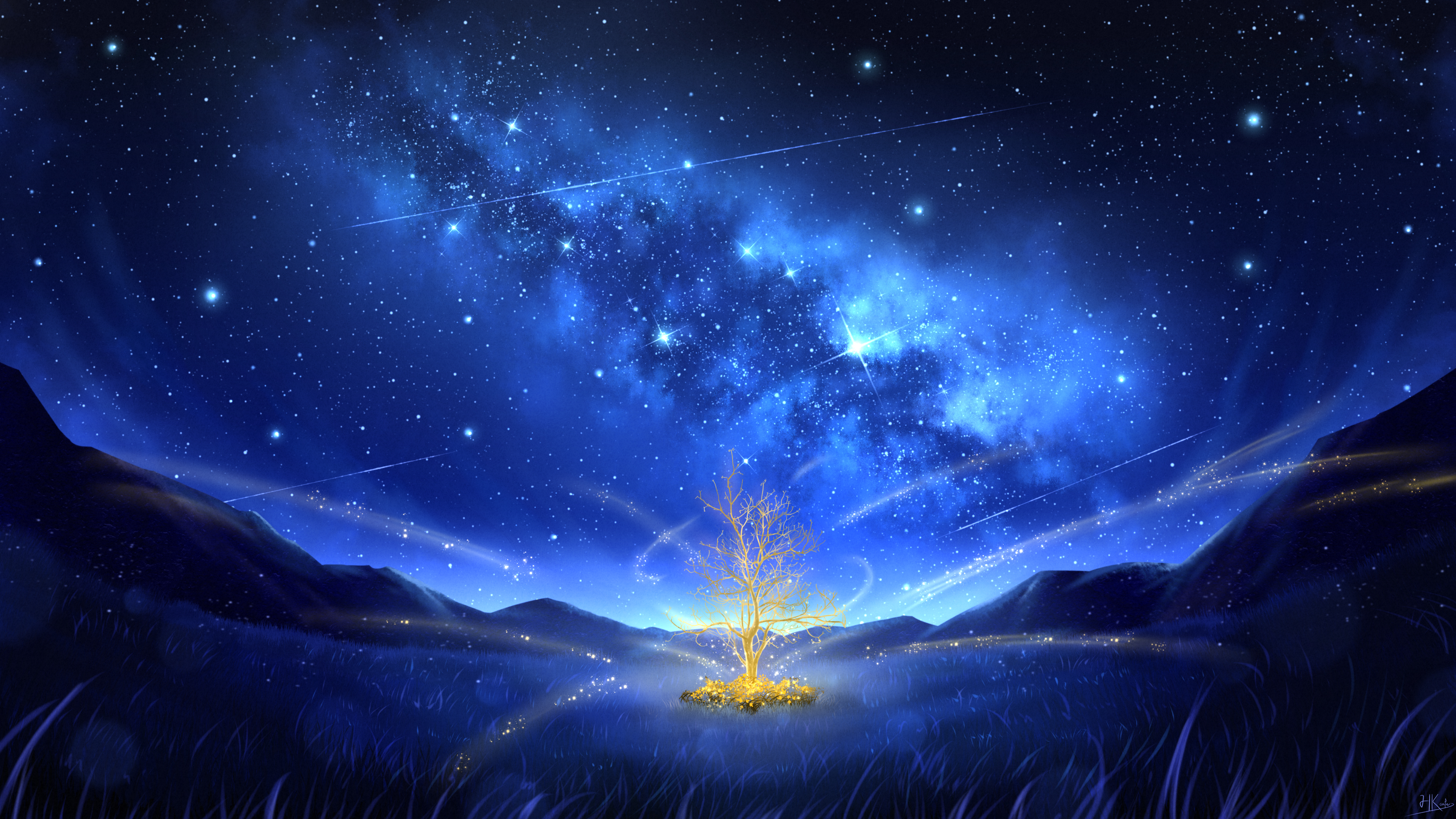 HKcutie Digital Art Artwork Illustration Landscape Nature Night Nightscape Starred Sky Stars Field T 3840x2160