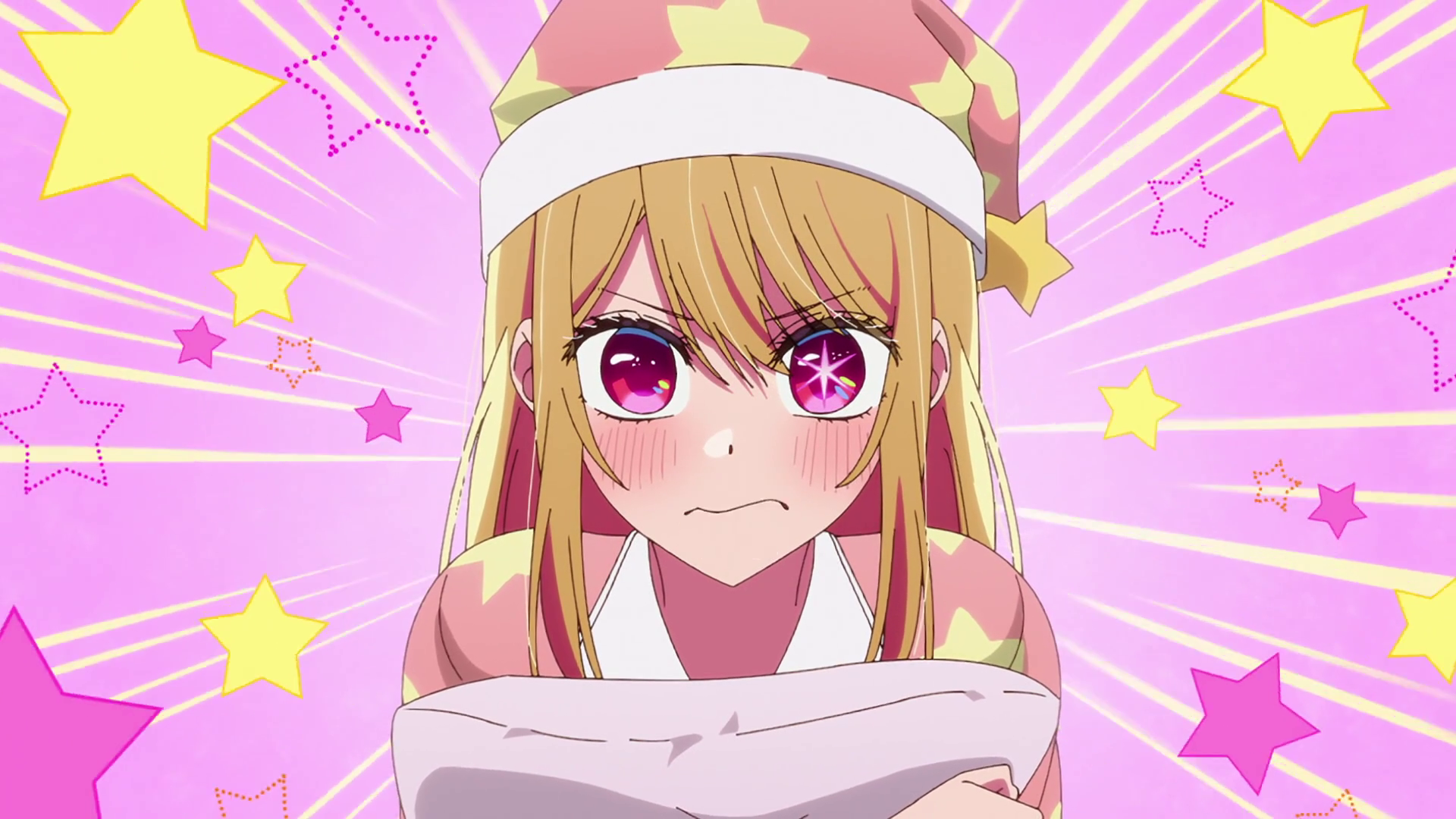 Oshi No Ko Hoshino Ruby Anime Blonde Star Eyes Sparkles Pink Background Nightwear 1920x1080