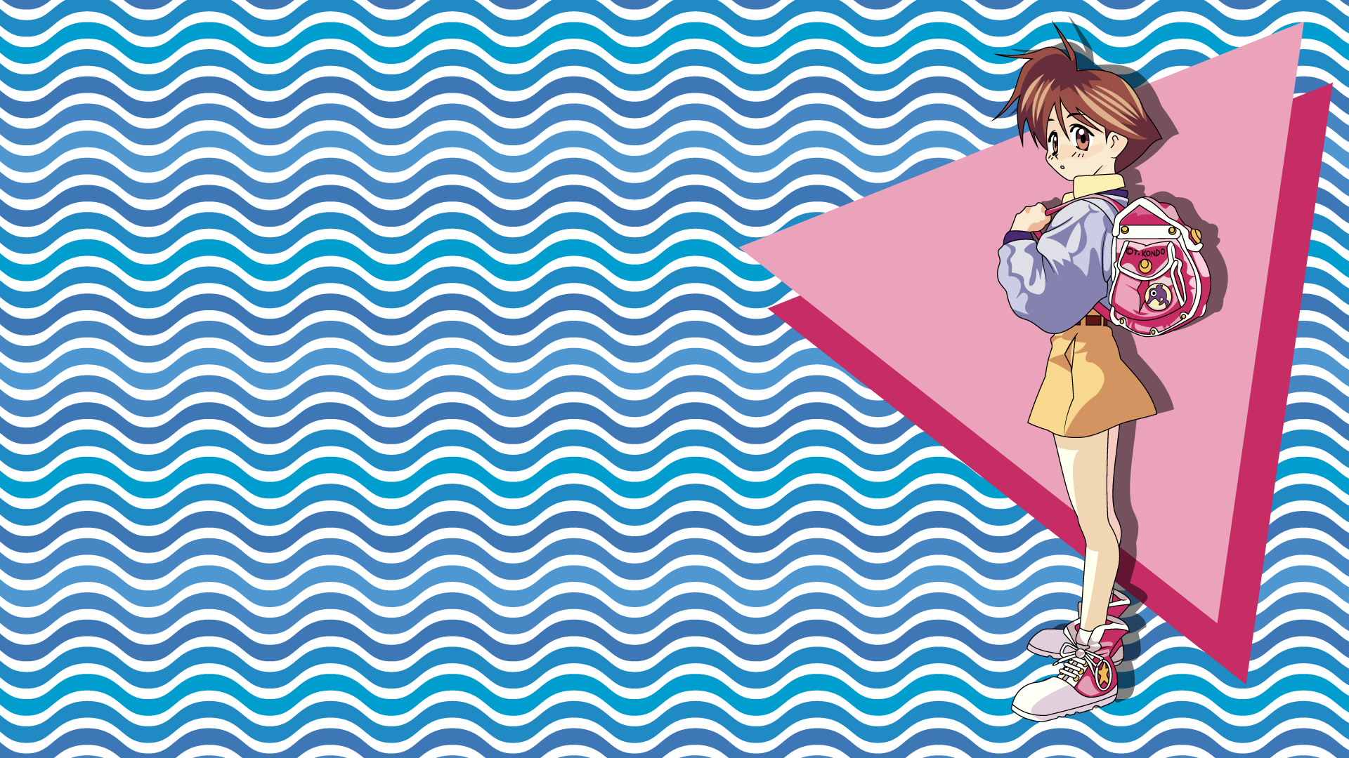 Umihara Kawase Brunette Backpacks Sneakers Pink Sneakers Yellow Shorts Blue Sweater Blue Background  1920x1080